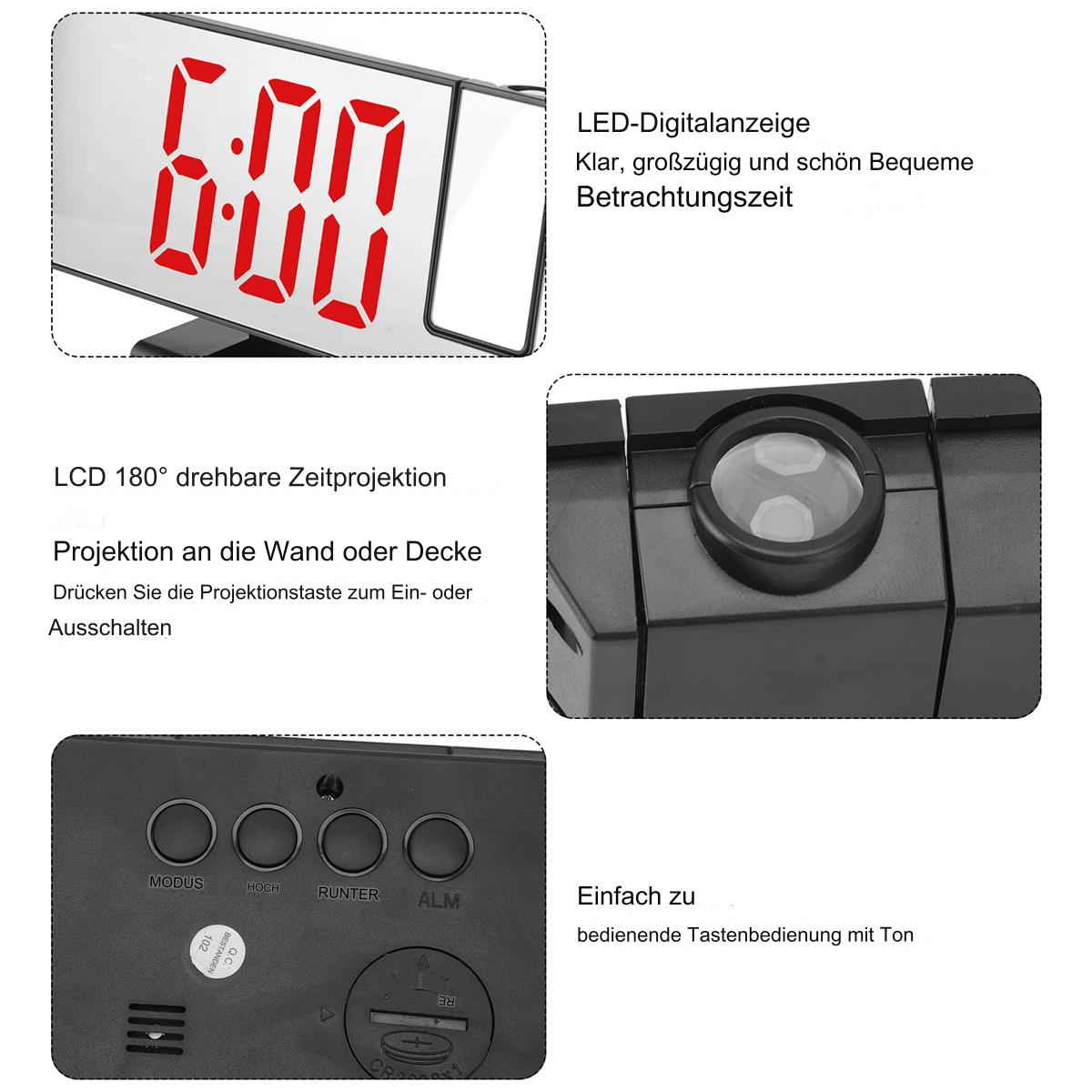 Eine schwarze Digitaluhr mit einem Spiegeldisplay, das die Uhrzeit anzeigt, und Tasten für Einstellungen.