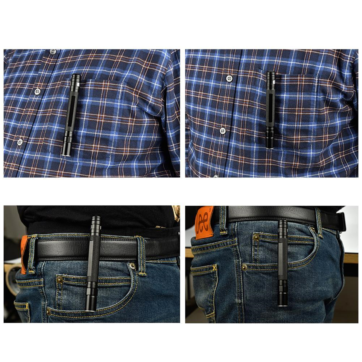 Taschenlampe an Jeans- und Hemdtasche befestigt. Mann trägt kariertes Hemd.