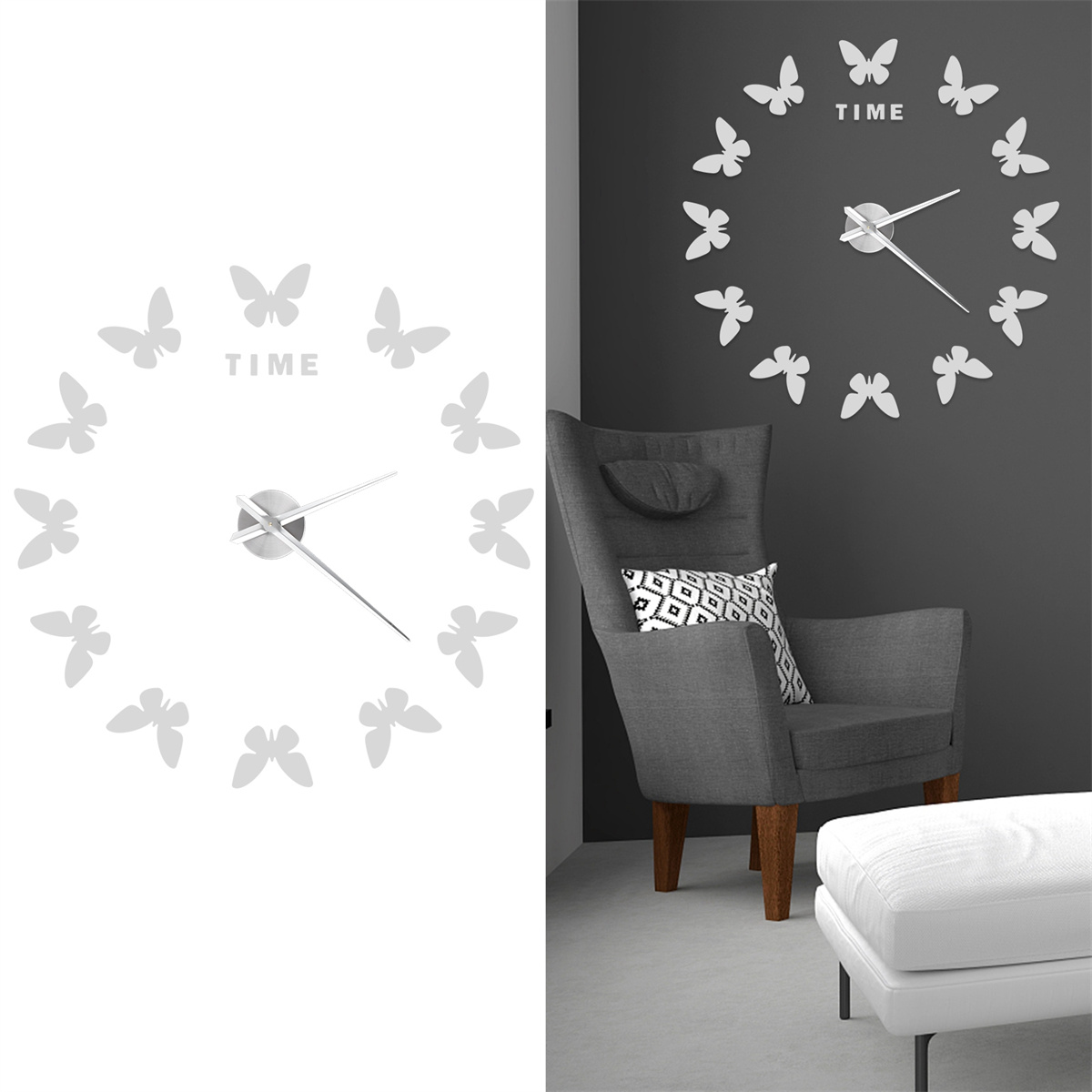 Schmetterlingsuhr an weißer Wand. Grauer Sessel und weißer Hocker im Hintergrund.