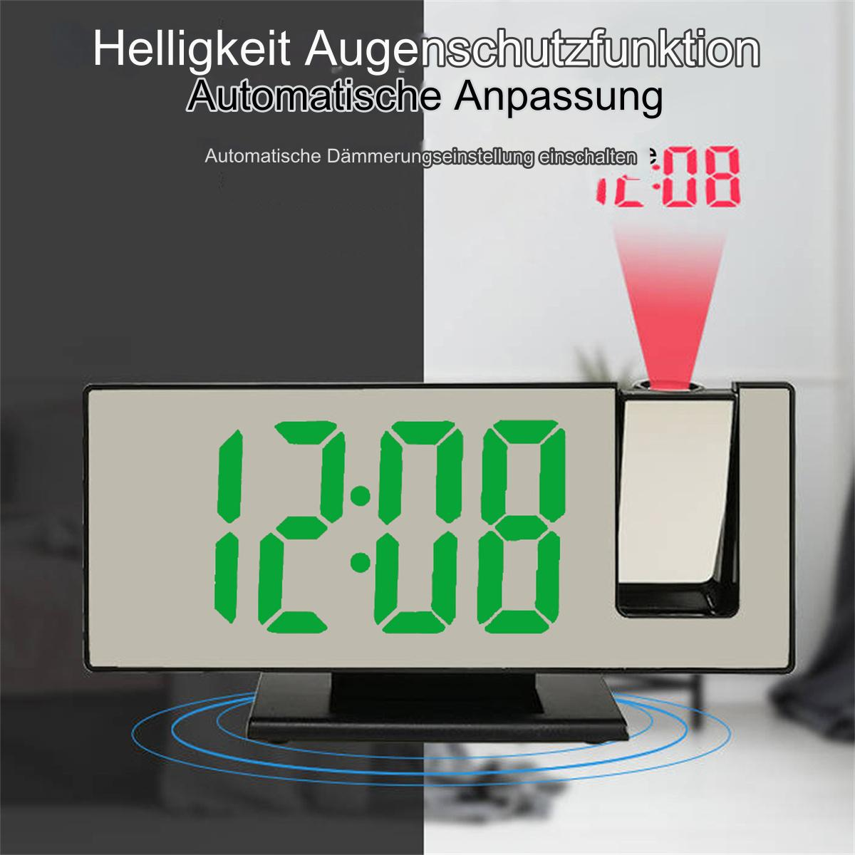Digitaler Wecker, der 12:08 anzeigt. Er projiziert die Zeit in Rot. Der Hintergrund ist schwarz und weiß.