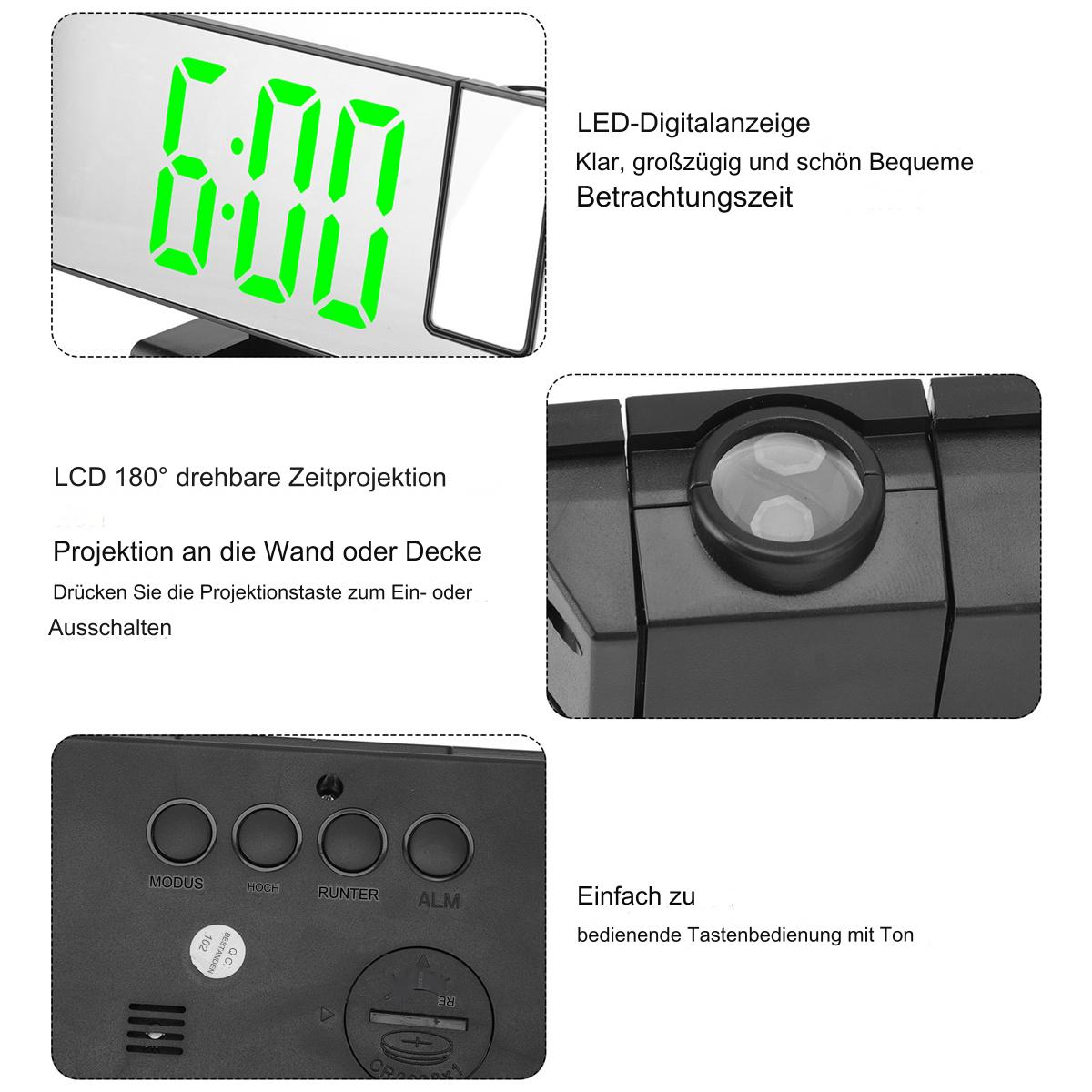 Nahaufnahme eines digitalen Weckers mit grüner Anzeige und Funktionstasten.