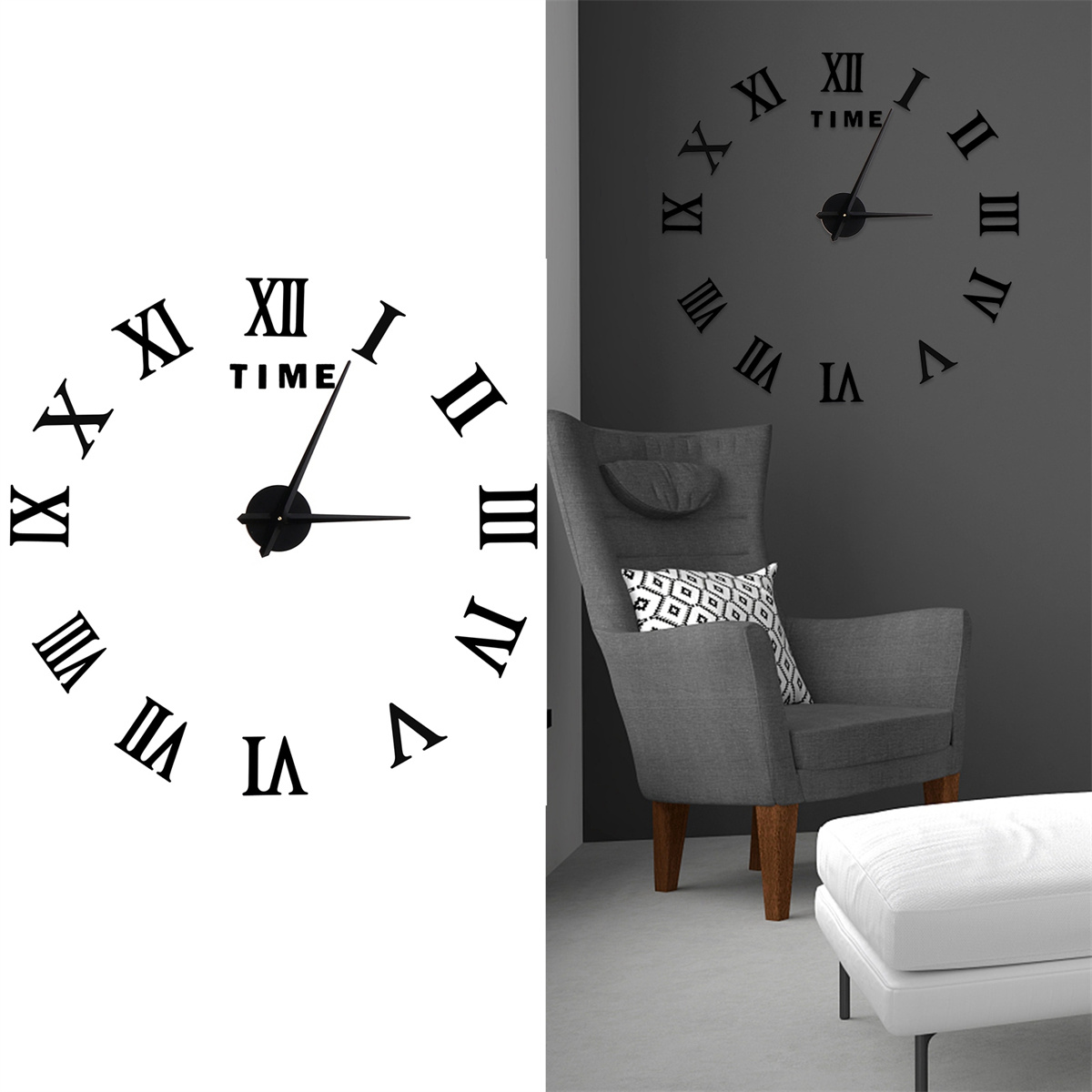 Eine Wanduhr mit römischen Ziffern und ein Stuhl mit Kissen.