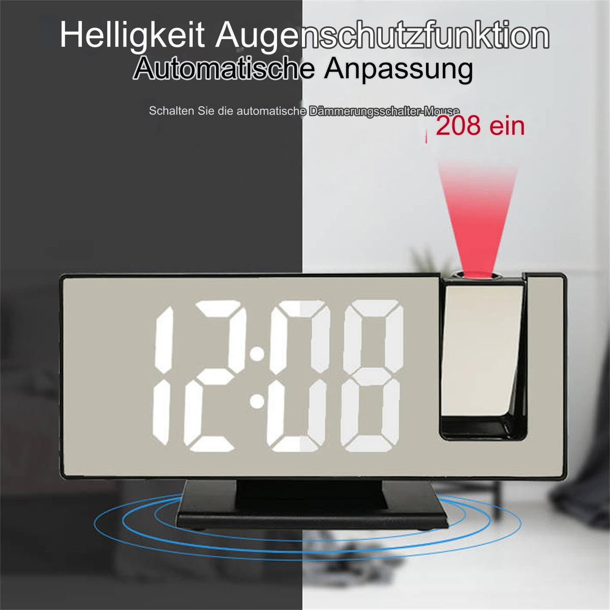Digitaler Wecker mit Projektion. Weißer Hintergrund. Deutscher Text oben.