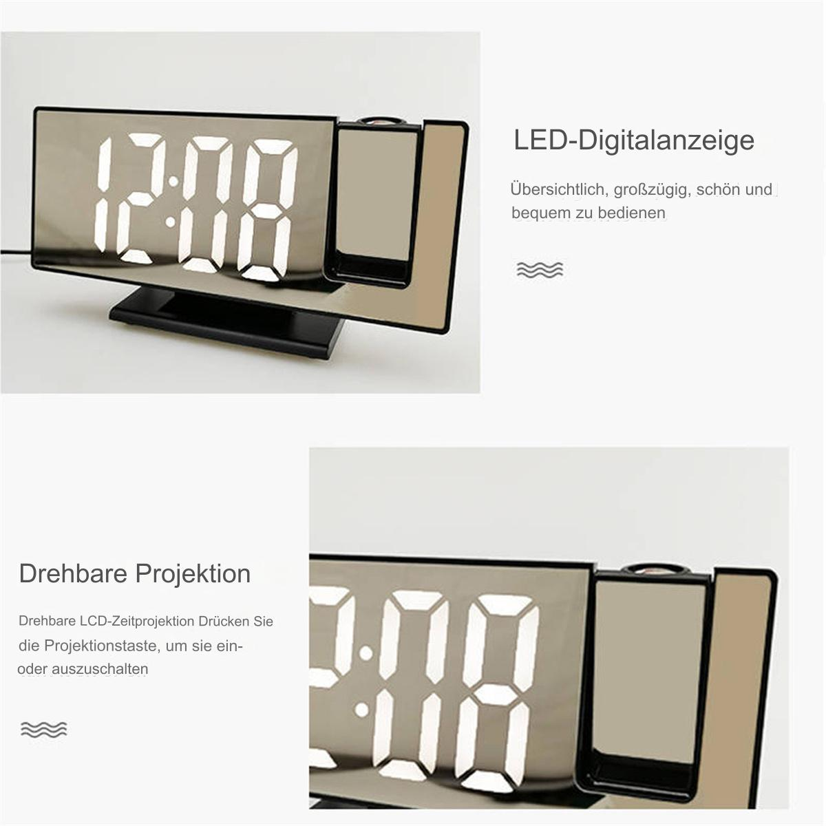 Eine Digitaluhr mit weißen Ziffern und einer spiegelartigen Oberfläche. Zwei Nahaufnahmen werden gezeigt.
