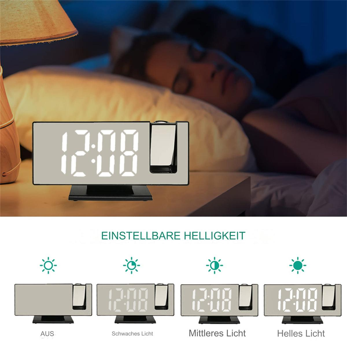 Digitaluhr mit Projektionsfunktion. Zeigt verschiedene Helligkeitseinstellungen. Eine Person schläft.