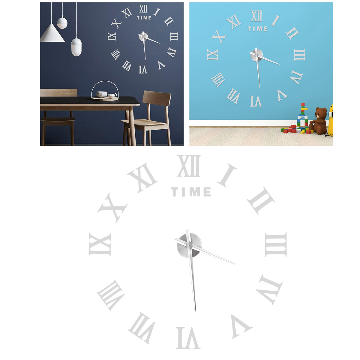Drei Bilder von Uhren. Oben links Esszimmer. Oben rechts Zimmer mit Spielzeug. Unten Uhr allein.