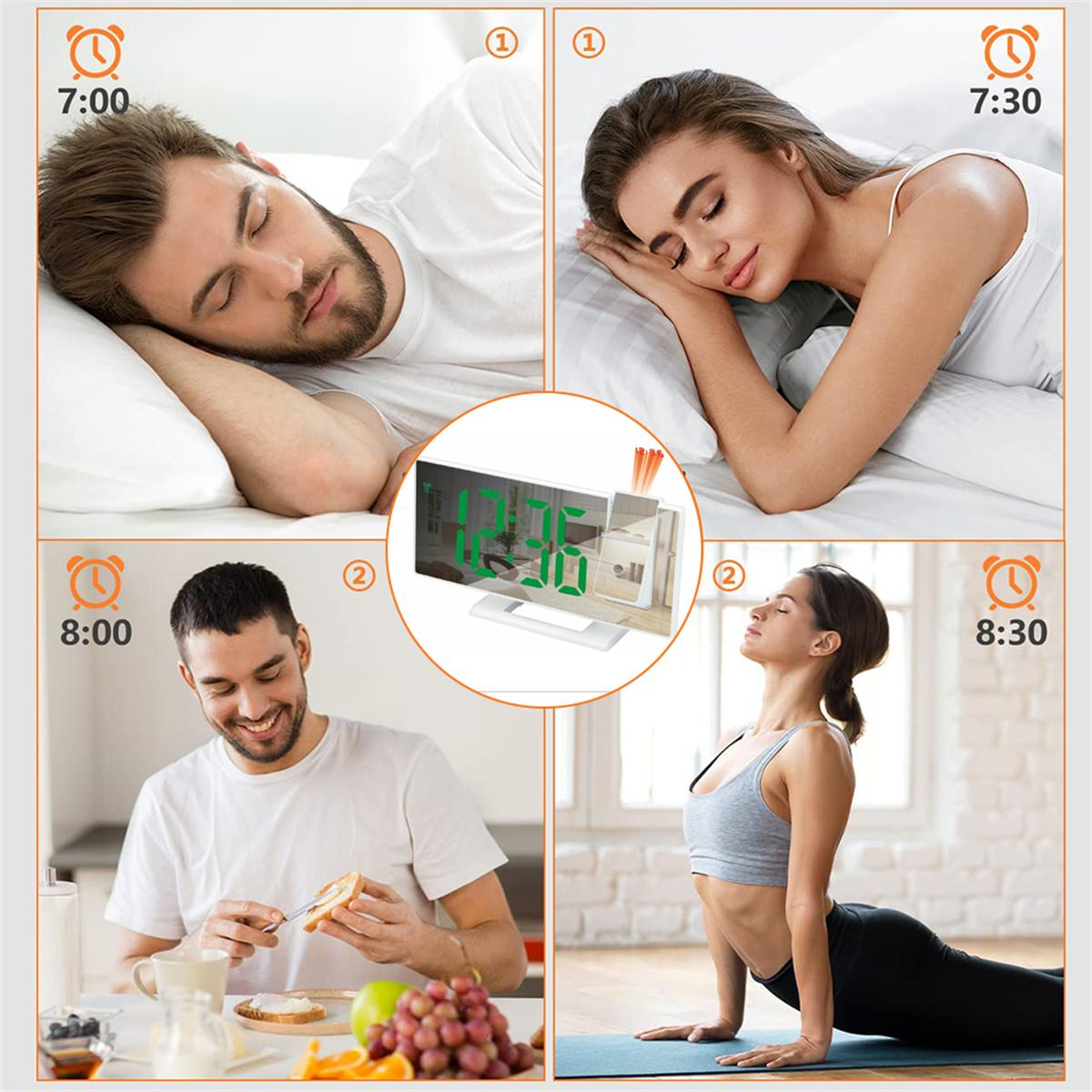 Eine Collage, die einen Mann und eine Frau beim Aufwachen, Essen und Trainieren mit einer Digitaluhr zeigt.