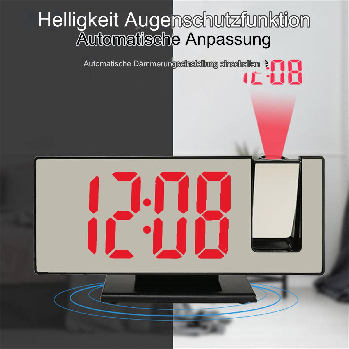 Eine Digitaluhr zeigt 12:08 in Rot an. Das Bild ist halb dunkel, halb hell mit einem roten Strahl.