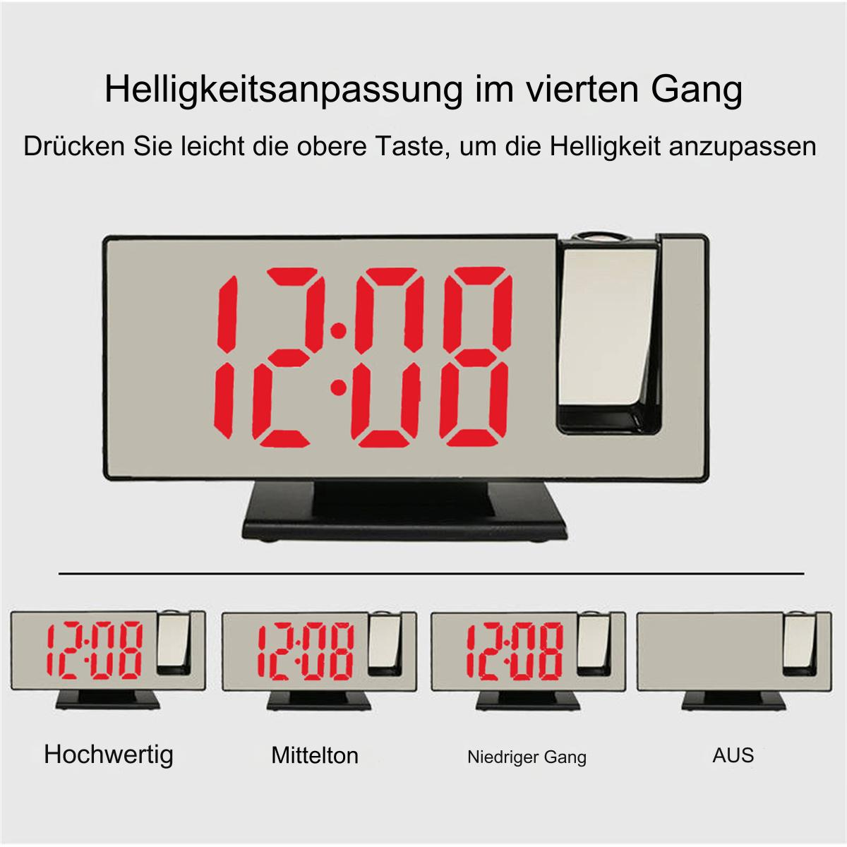 Digitaler Wecker mit roten Ziffern und einem Projektor. Text auf Deutsch.