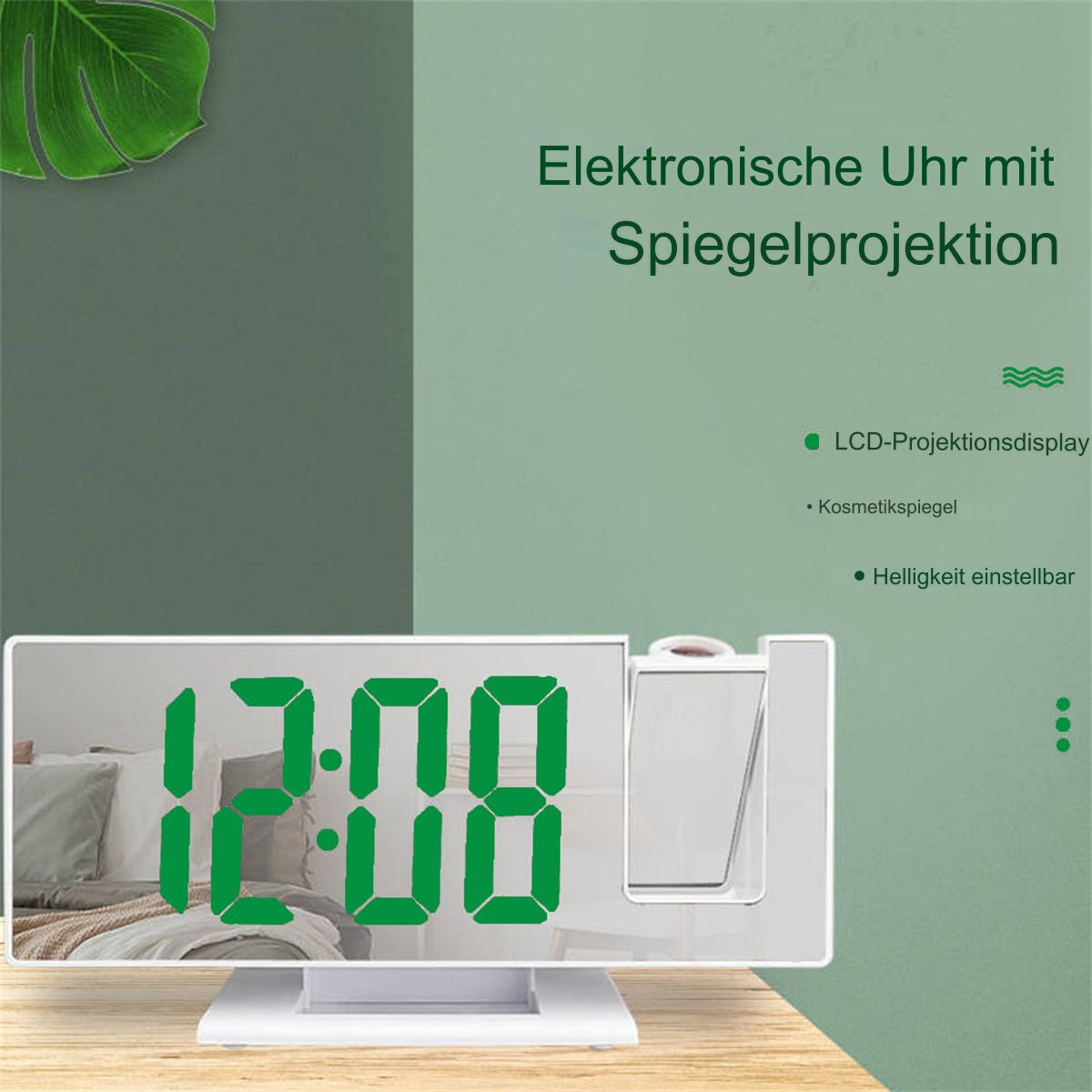 Digitaluhr mit grünen Zahlen und Spiegelanzeige. Grüner Hintergrund.