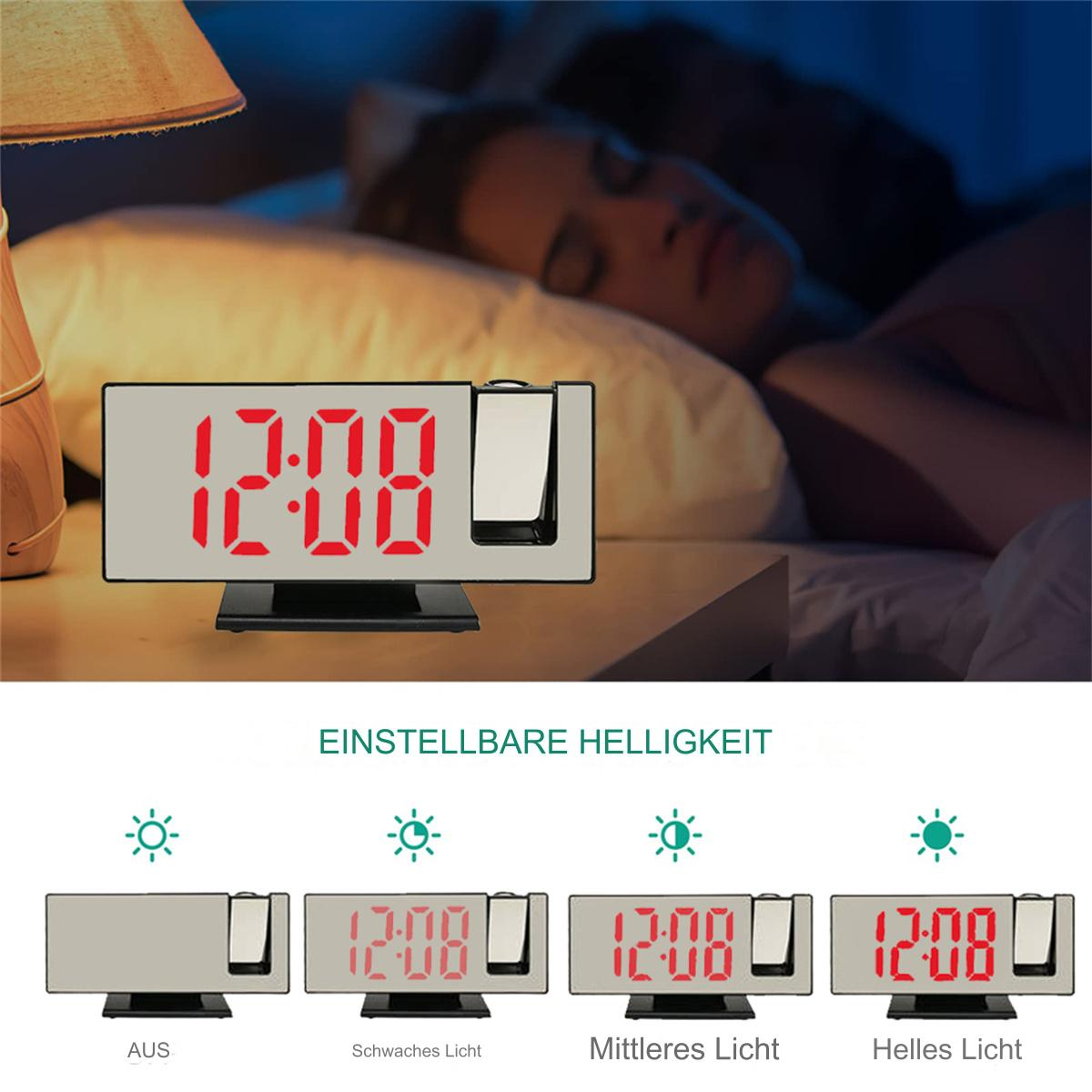 Digitaler Wecker mit roten Zahlen. Im Hintergrund schläft eine Person. Helligkeitseinstellungen.
