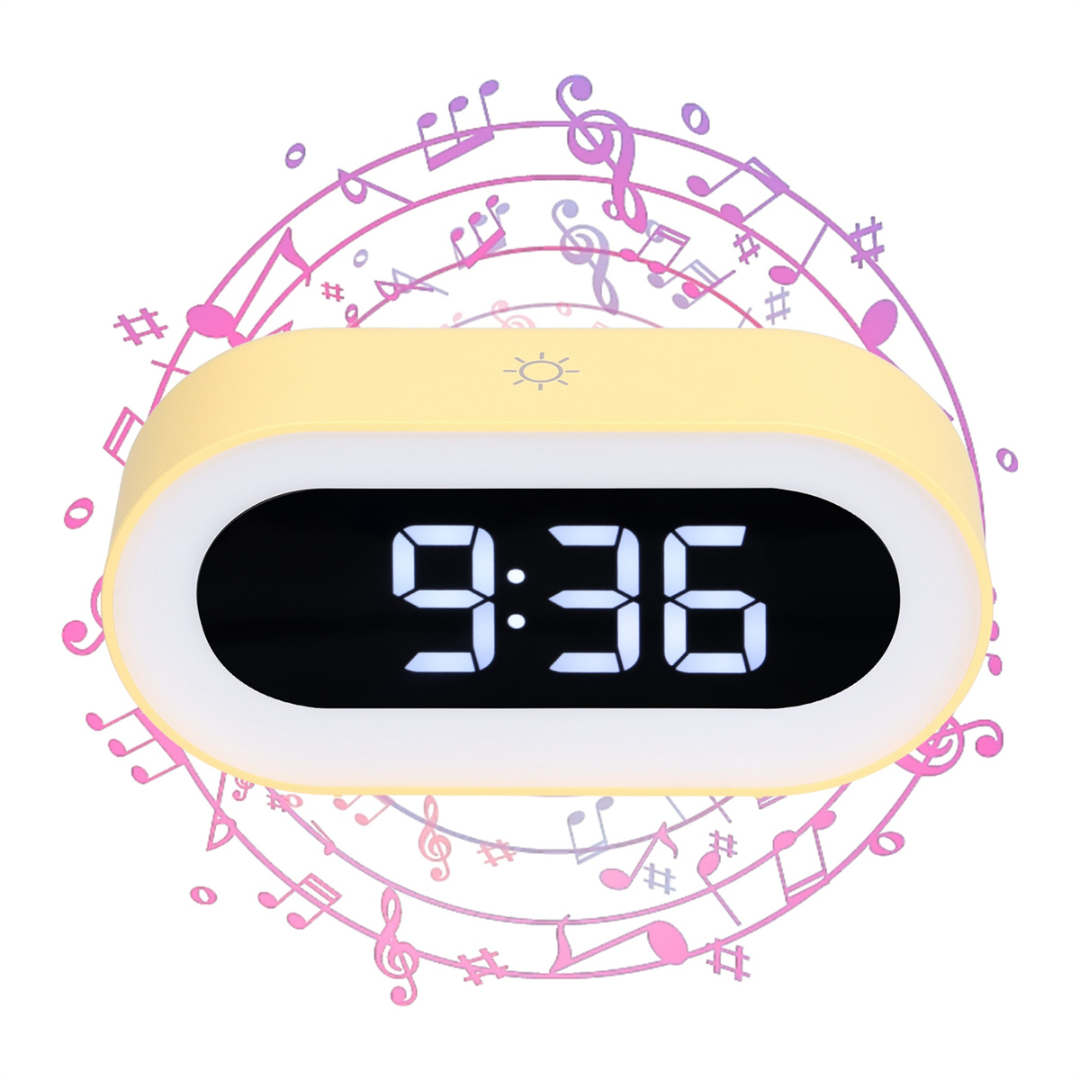 Gelbe Uhr mit der Zeit 9:36. Musiknoten umgeben die Uhr.