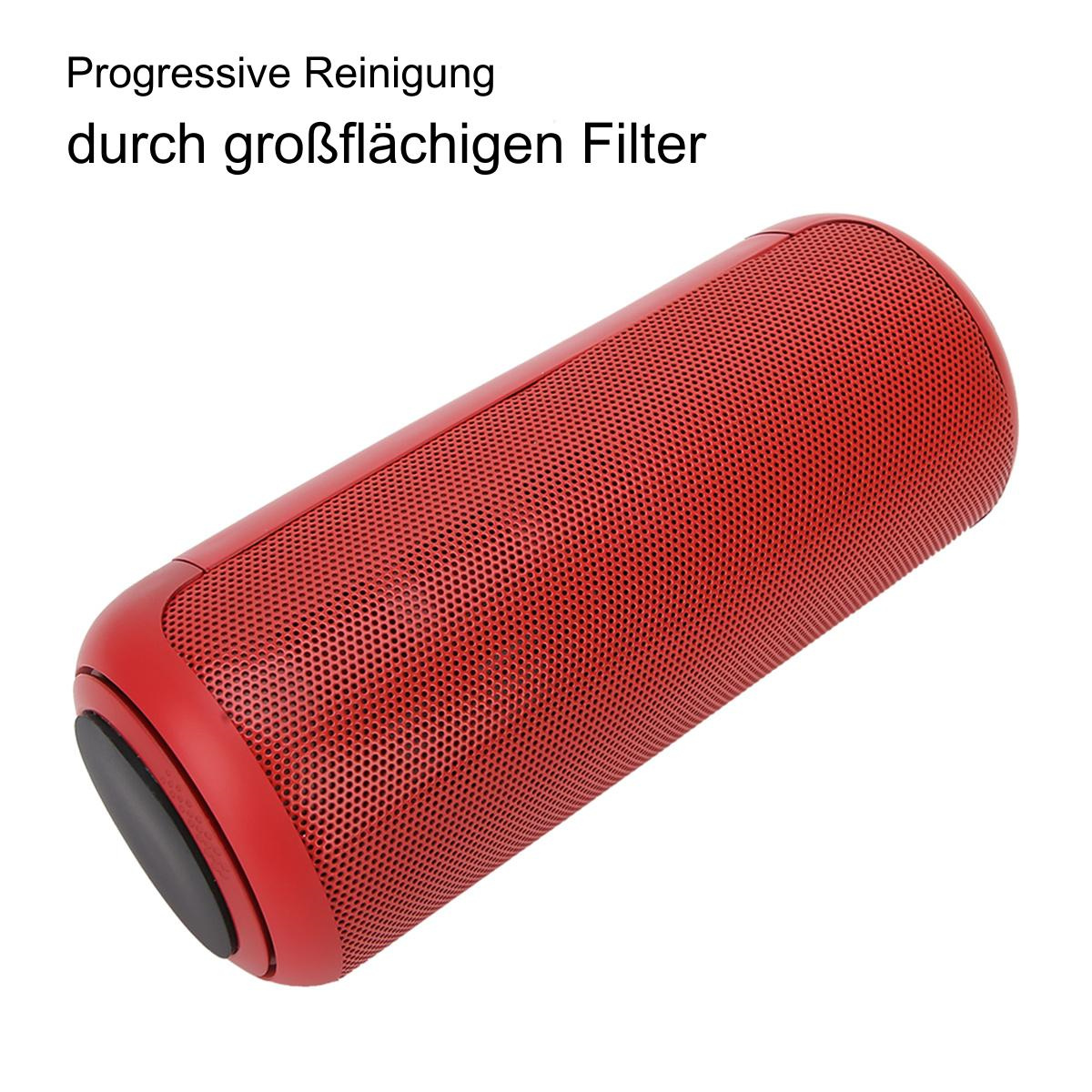 Ein roter zylindrischer Lautsprecher mit Mesh-Gitter, schräge Ansicht. Textüberlagerungen.