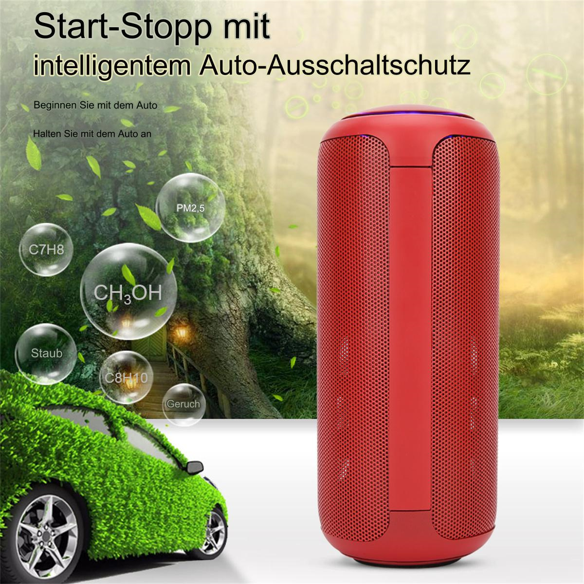 Ein roter Luftreiniger mit einer grünen Autografik und Textblasen zur Luftqualität.