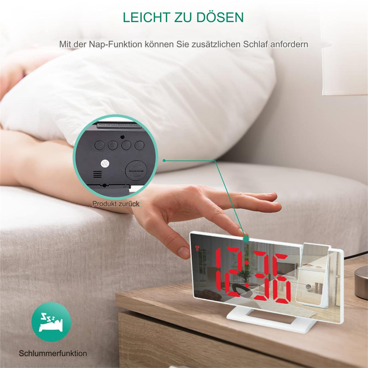 Ein digitaler Wecker zeigt 12:36 auf einem Nachttisch, eine Hand greift nach den Knöpfen.
