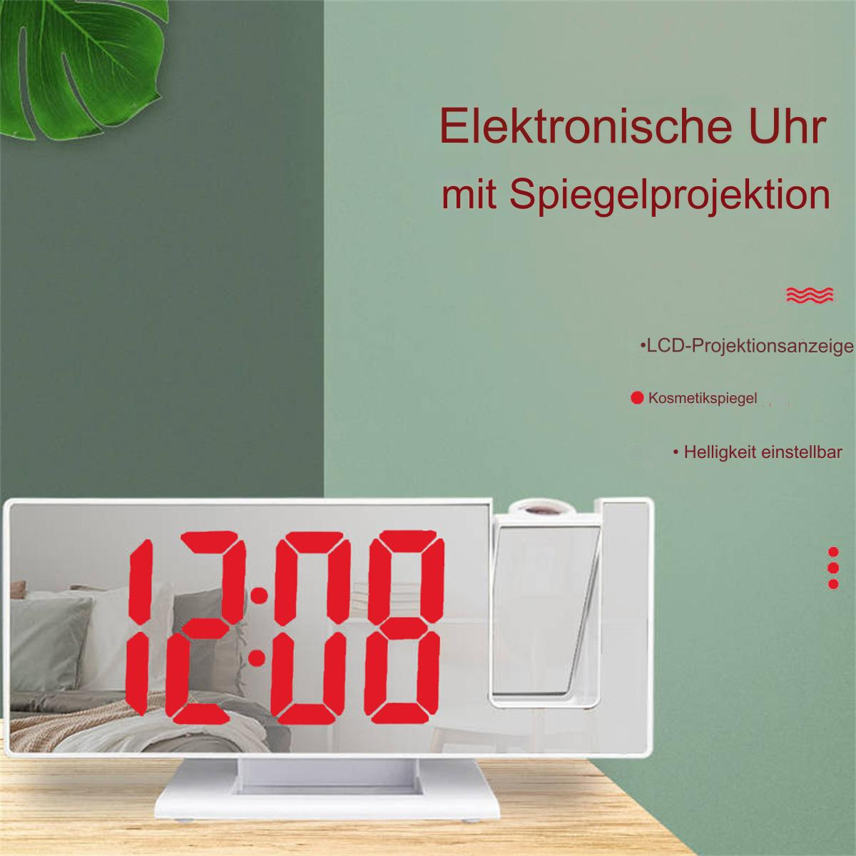 Digitaler Wecker mit roter Anzeige und Spiegelprojektion auf weißer Basis.