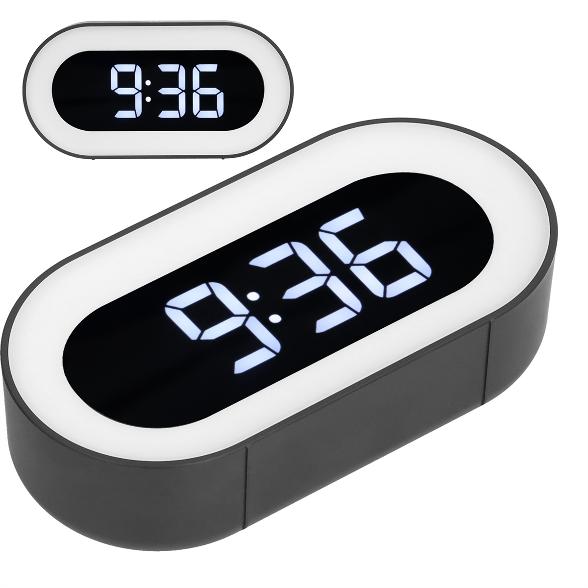 Digitaluhr mit weißen Ziffern auf schwarzem Hintergrund. Weißer Rand. Zusätzliche Uhr sichtbar.