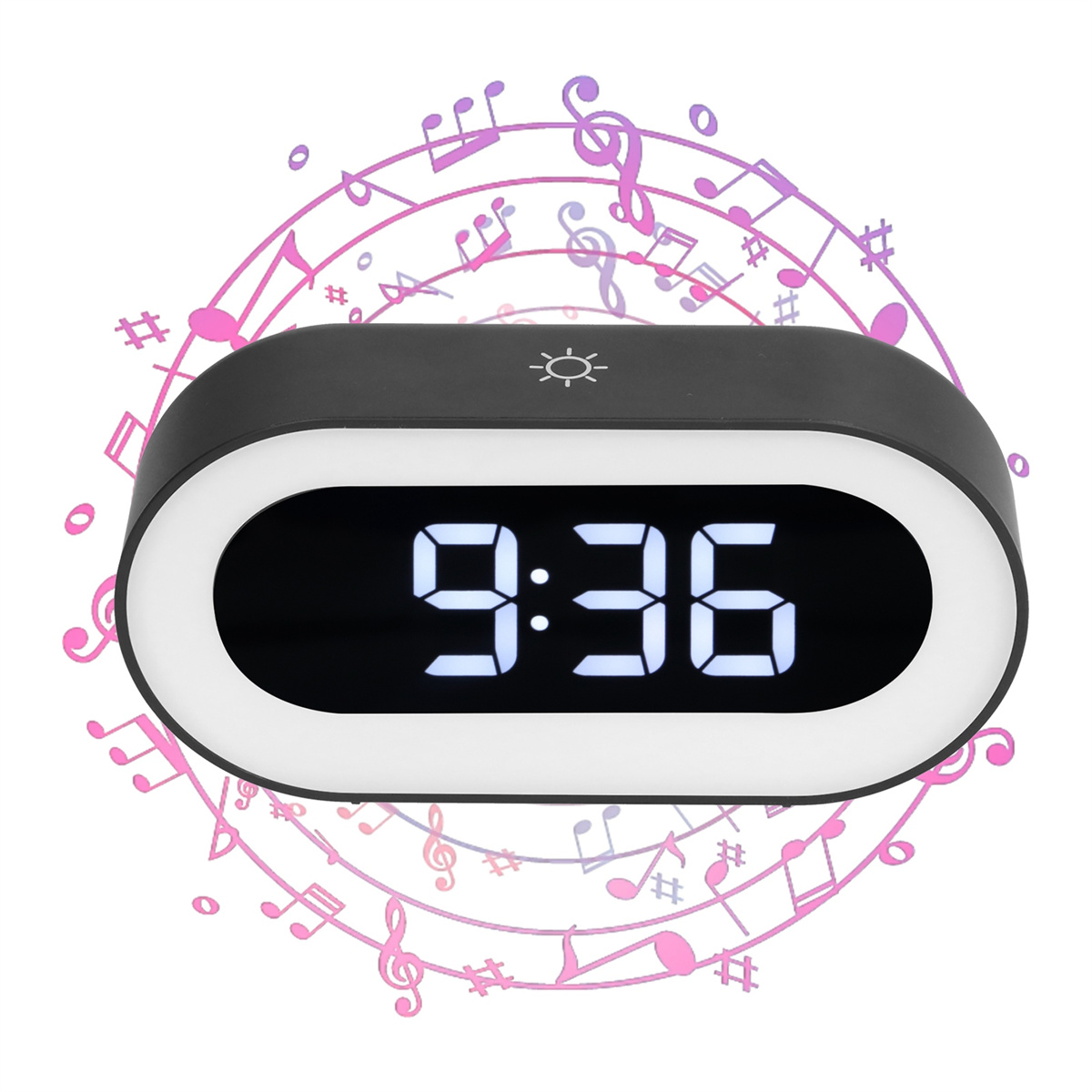 Schwarze Digitaluhr mit weißem Rand, umgeben von Noten.