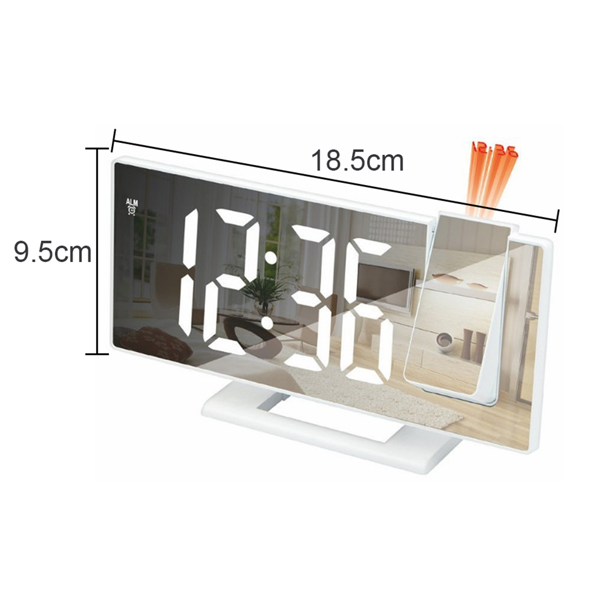 Digitaler Wecker mit den Maßen 18,5 cm x 9,5 cm. Die angezeigte Zeit ist 12:36.