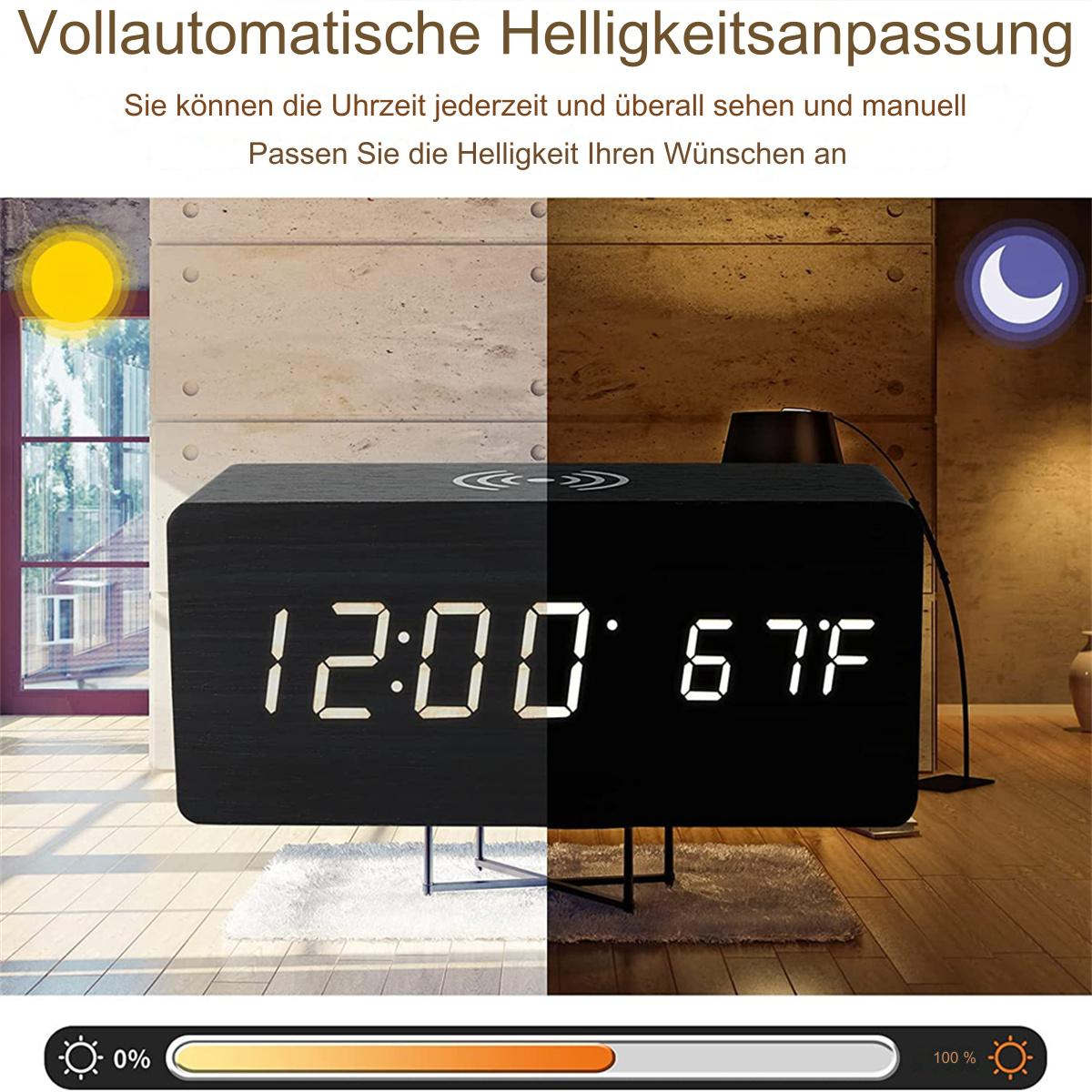 Eine schwarze Holzuhr, die Zeit und Temperatur anzeigt, mit Lichtanpassungsoptionen.