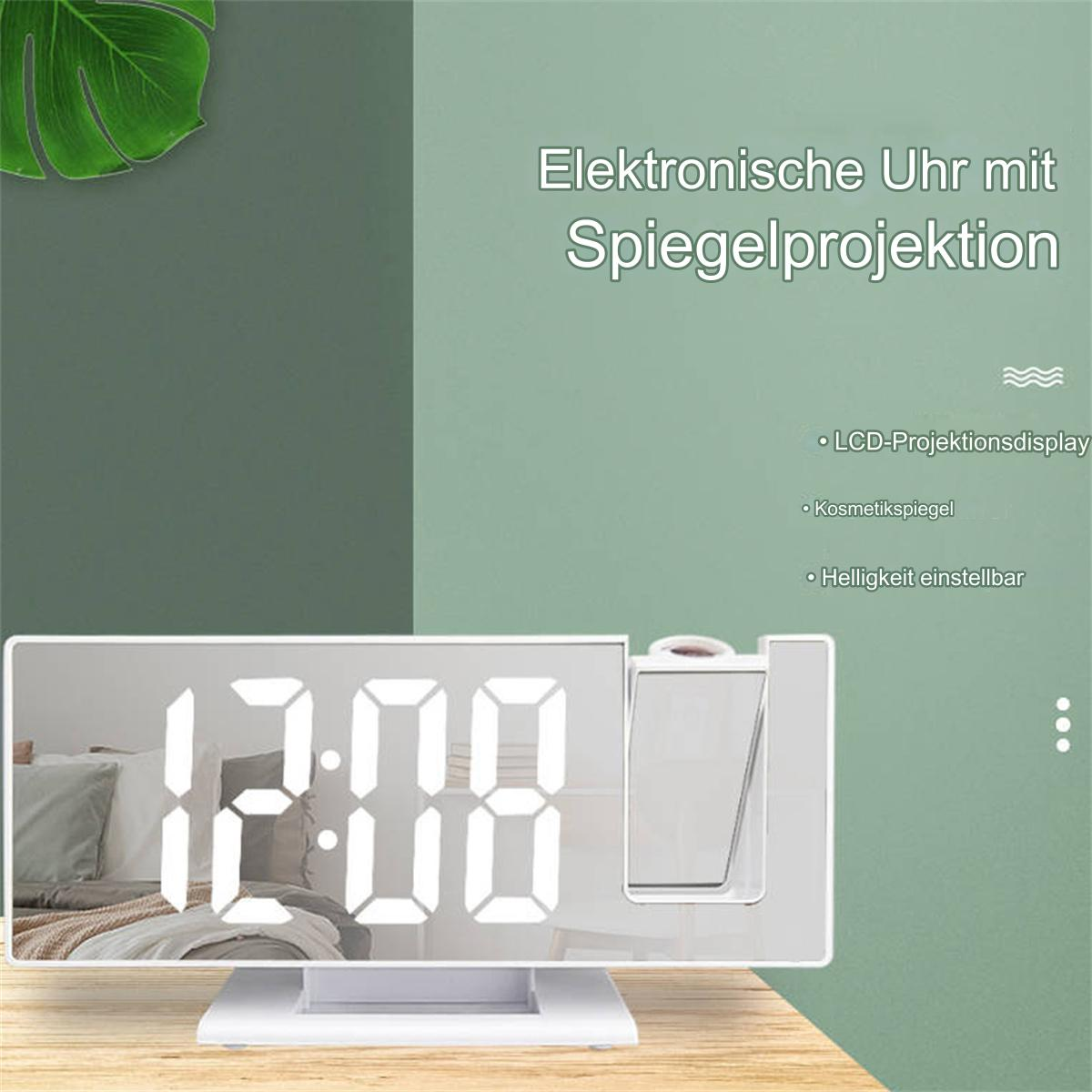 Digitaler Wecker mit Spiegelprojektion, Anzeige von Uhrzeit und Details. Grün-weißer Hintergrund.