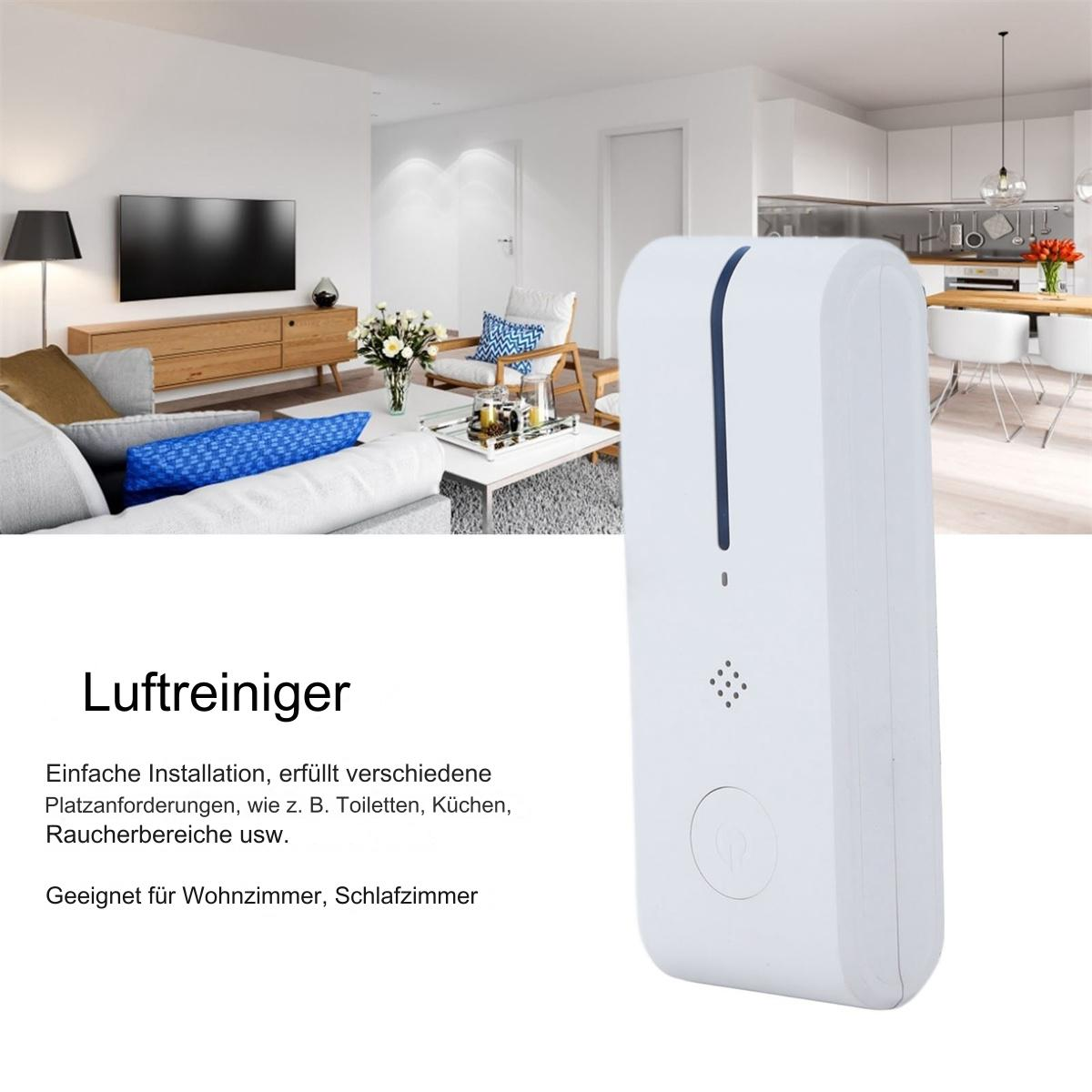Weißer Luftreiniger, Vorderansicht, in einem Wohnzimmer. Text Luftreiniger auf Deutsch.