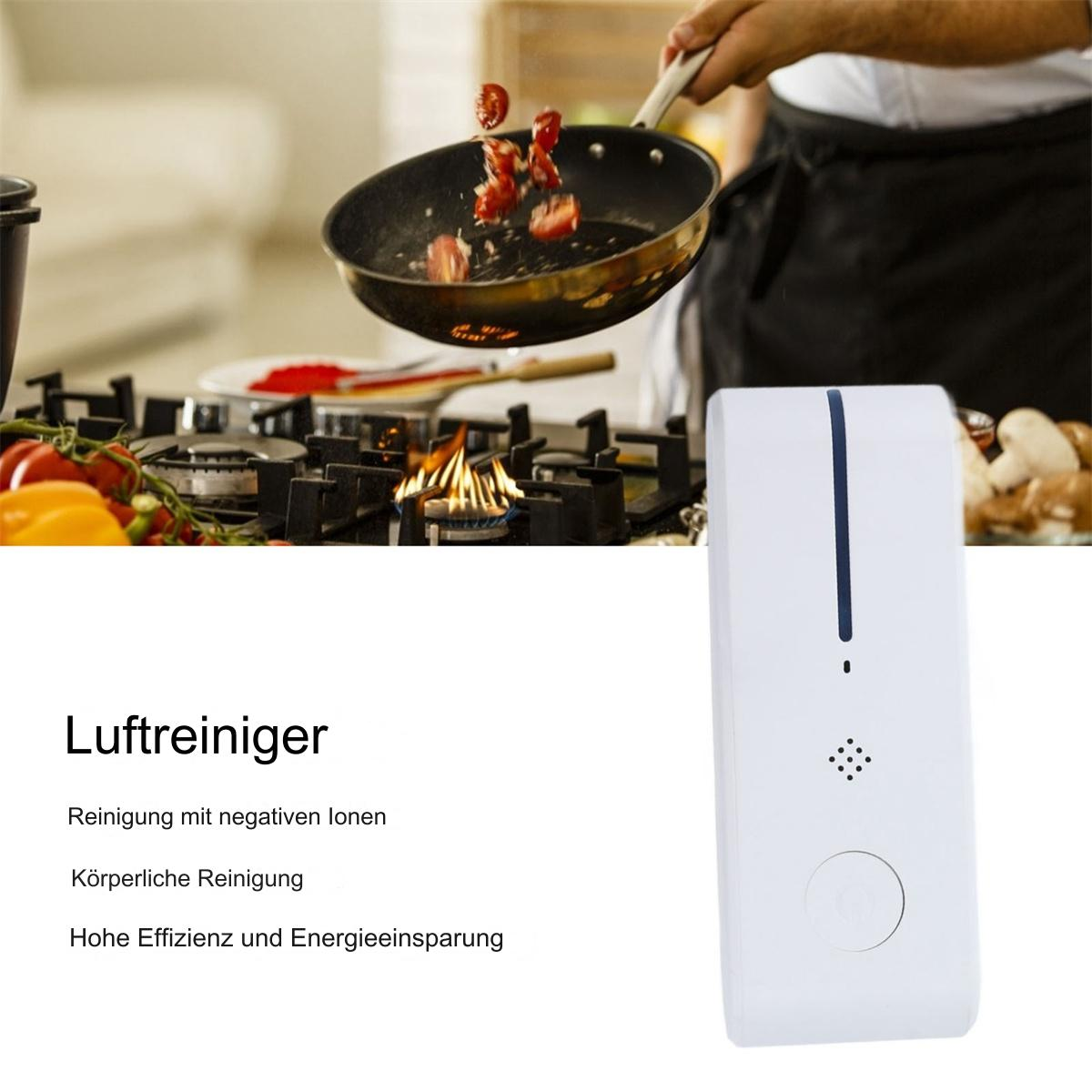 Ein weißer Luftreiniger mit Text auf Deutsch. Der Hintergrund zeigt eine Kochszene.