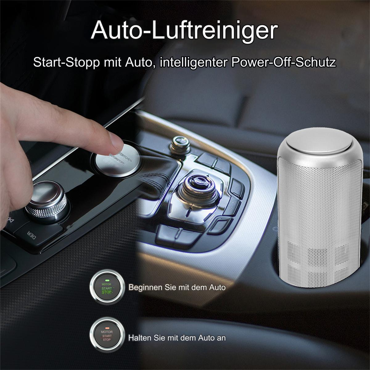 Silberner Auto-Luftreiniger im Getränkehalter mit Hand, die auf Startknopf zeigt.
