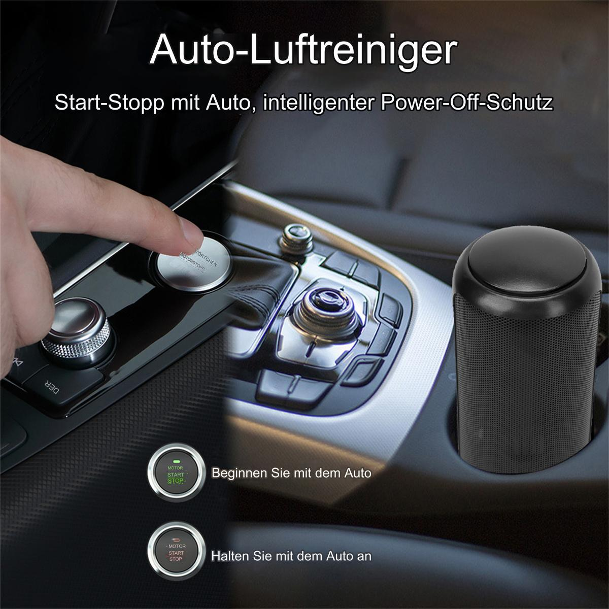 Autoinnenraum mit Hand, die eine Starttaste drückt, und einem Luftreiniger.
