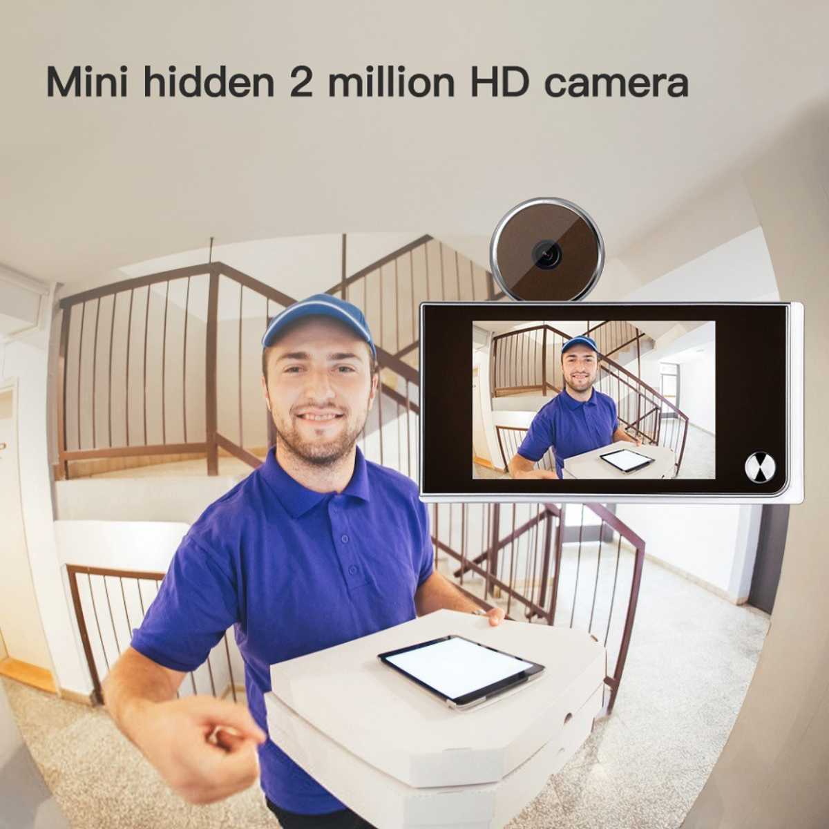 Ein Mann liefert eine Pizza und schaut in eine Kamera. Eine Mini-versteckte Kamera ist an der Wand installiert.