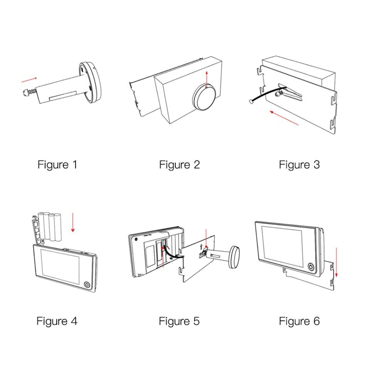 Strichzeichnungen von sechs Schritten zur Installation eines Geräts, mit Beschriftungen wie Abbildung 1, 2, 3, 4, 5 und 6.