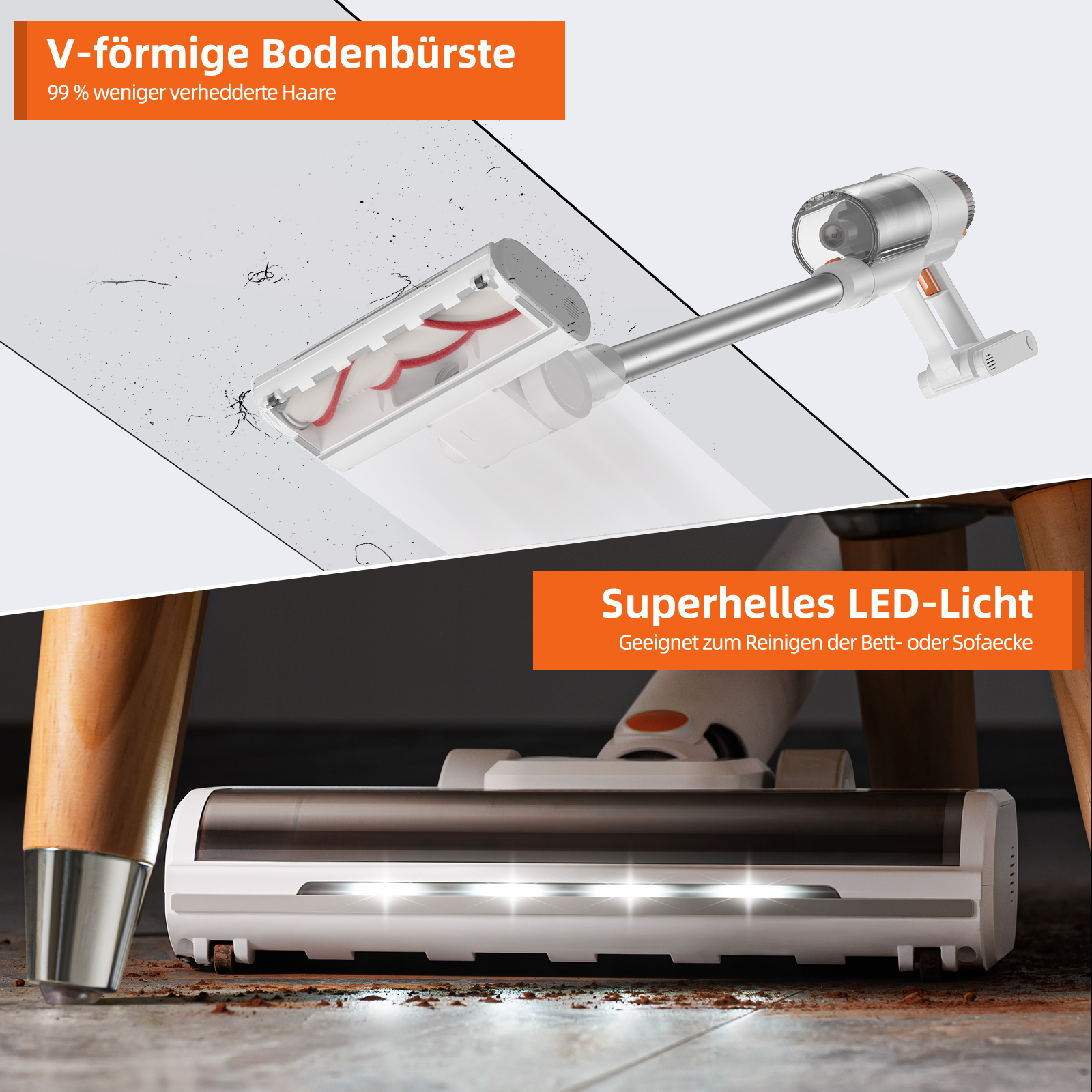 Kabelloser Staubsaugerkopf mit roter Bürste. Zeigt Schmutz und Staub. Nahaufnahme des LED-Lichts.