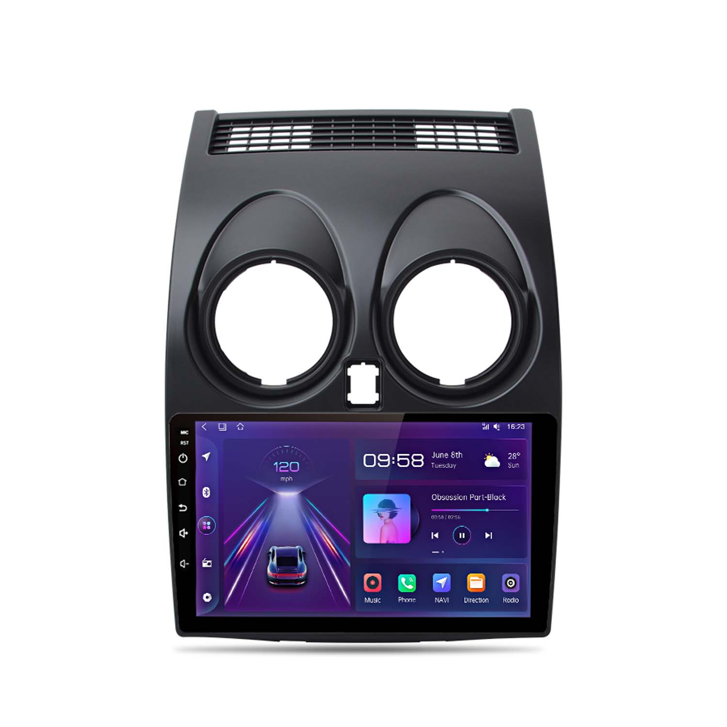 Autoradio. Schwarze Einheit mit Touchscreen-Display, das Navigation und Musik zeigt.