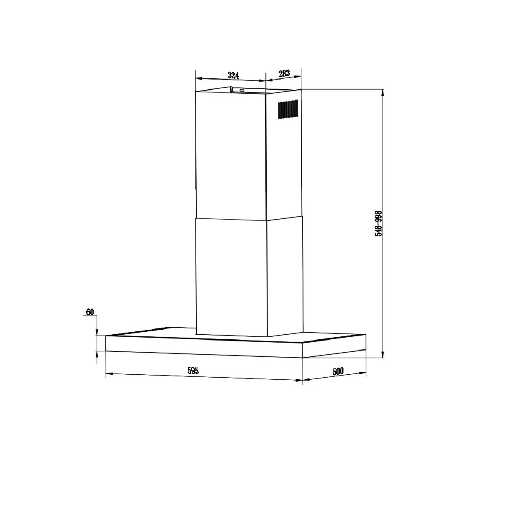 Dessin au trait d'une hotte de cuisine moderne avec mesures. Il est blanc et de forme rectangulaire.