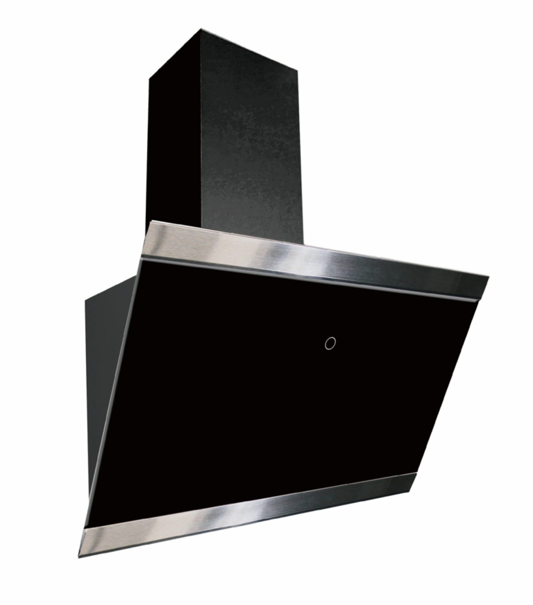 A black range hood with a stainless steel trim. It has a glass front and modern design.