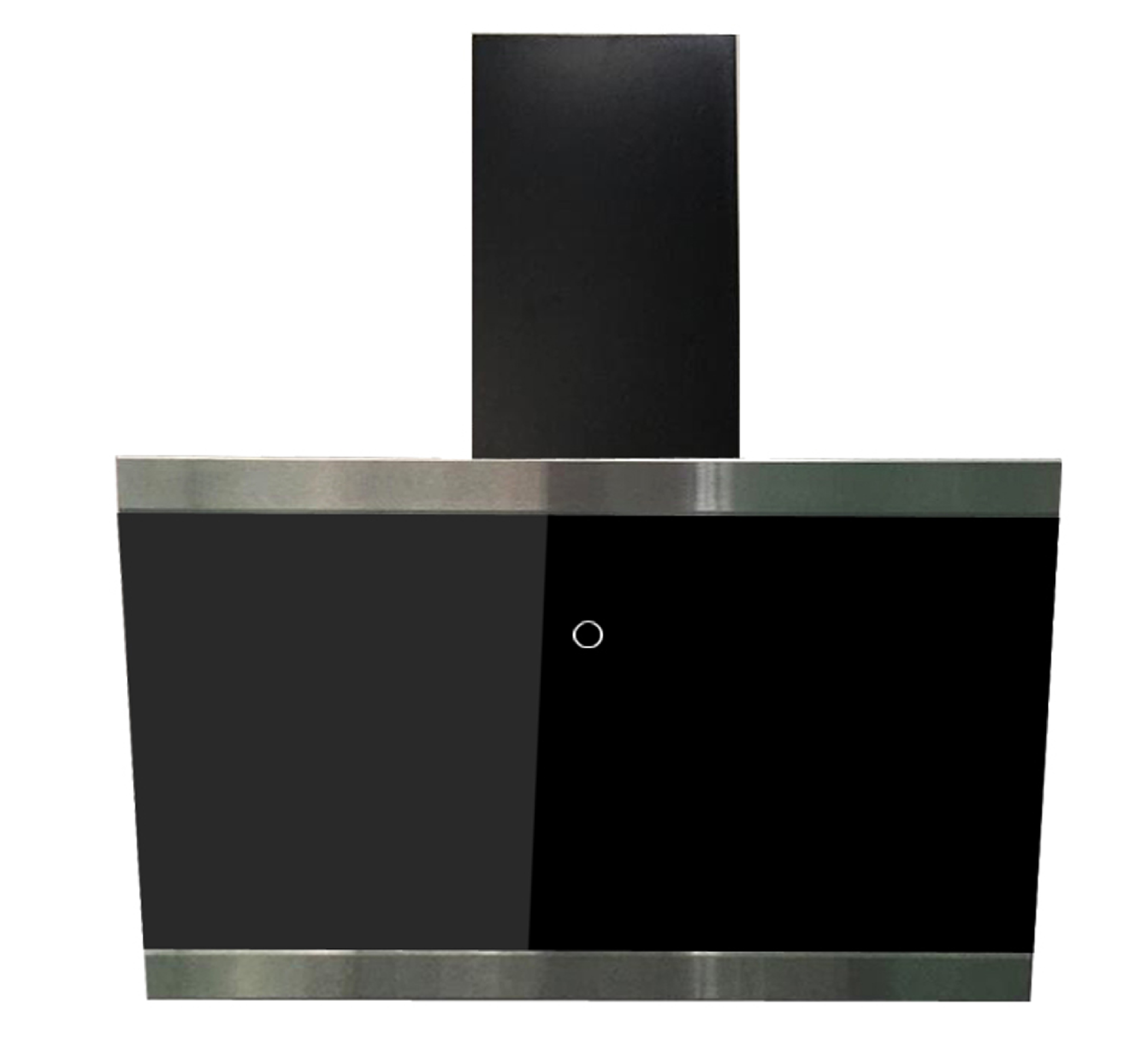 A black and silver range hood on a white background.
