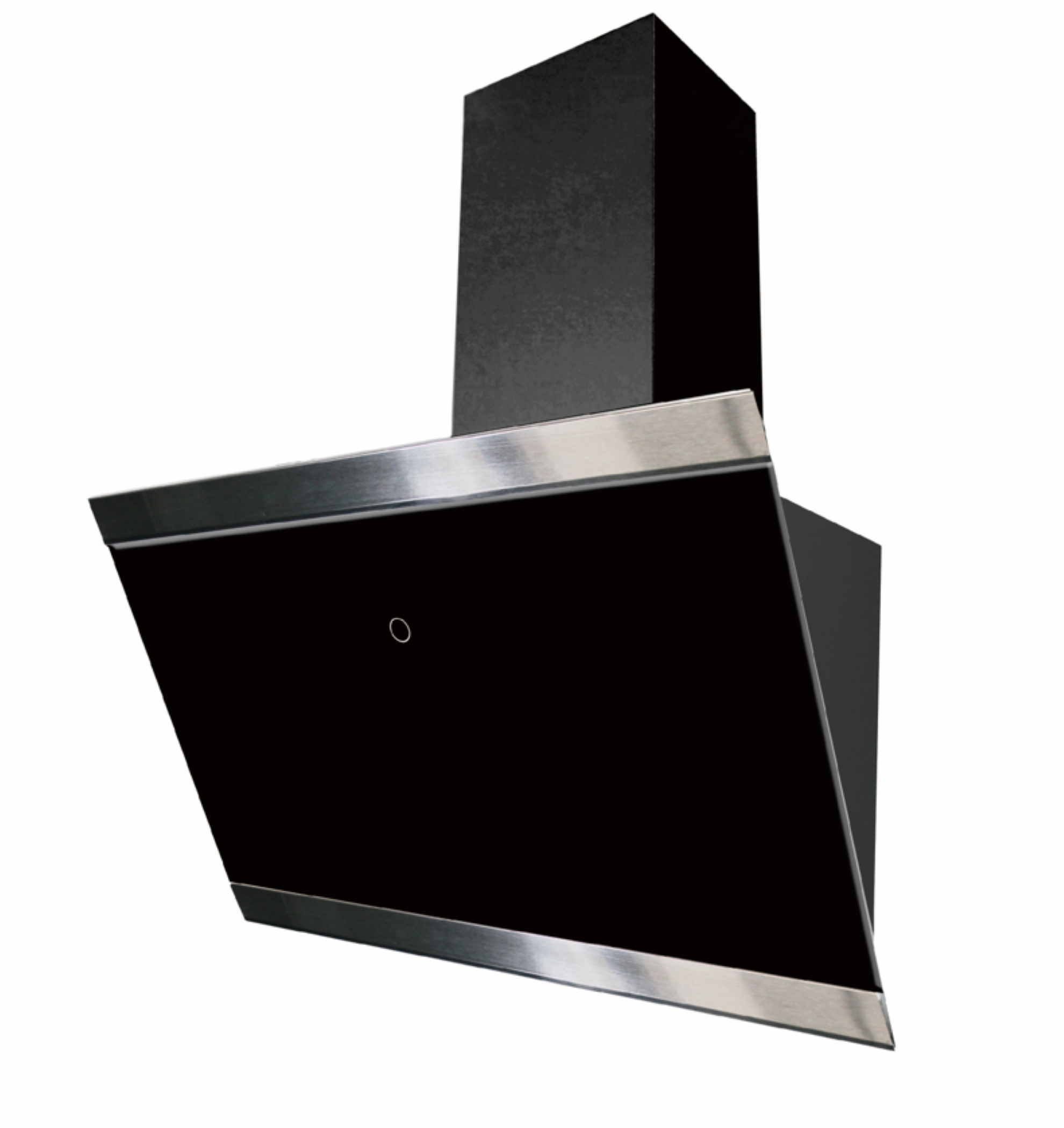 Black range hood with a stainless steel trim. Isolated on white.