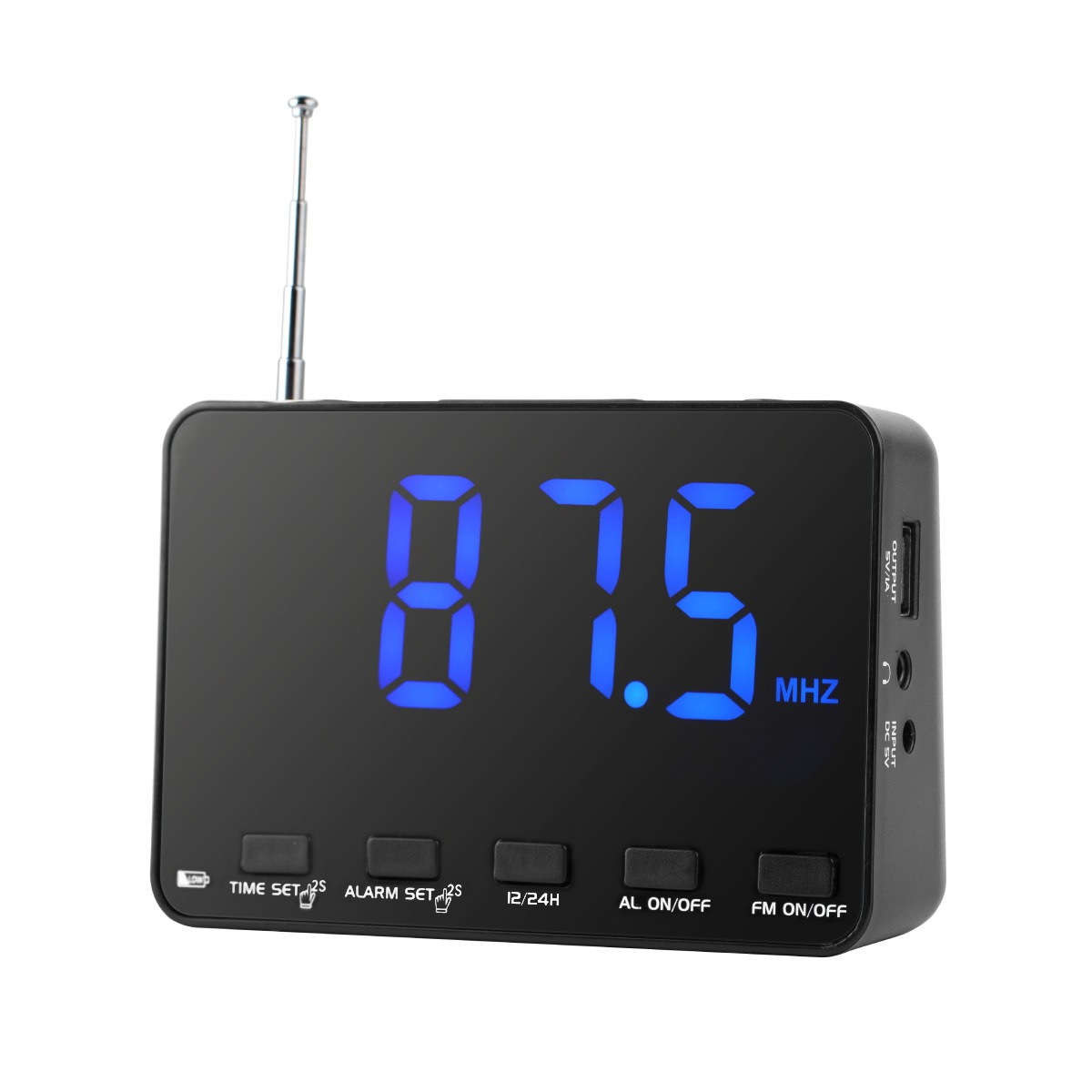 Ein schwarzer digitaler Wecker mit blauem Display, das 87,5 MHz anzeigt, und Bedienelementen.