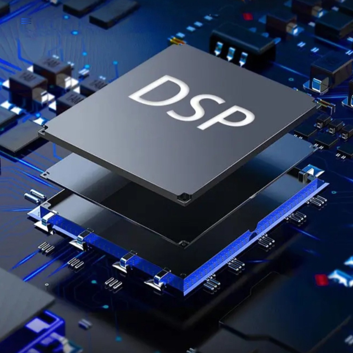 Nahaufnahme eines CPU-Chips mit Schichten. Die oberste Schicht zeigt 'DSP' in weißem Text.