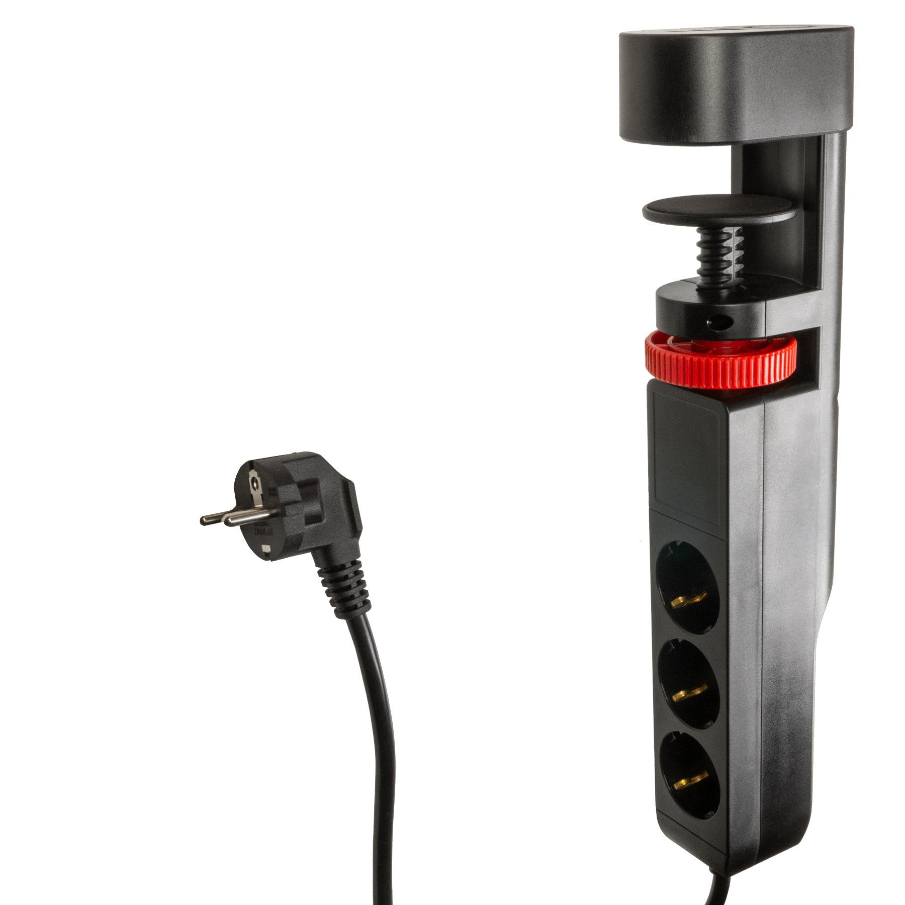 Schwarze Steckdosenleiste mit drei Steckdosen. Stecker links und verstellbare Klemme rechts.