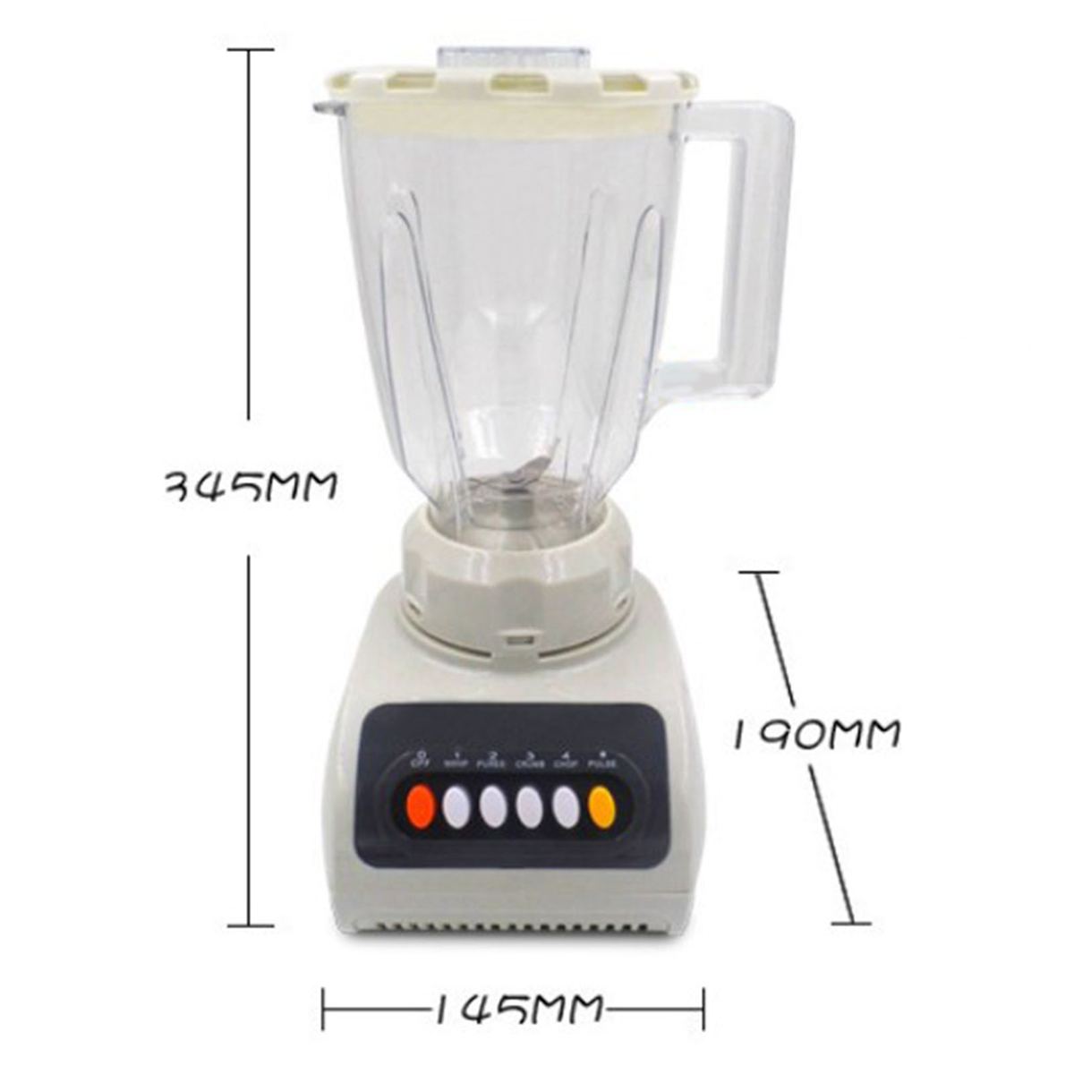 Ein weiß-beiger Mixer. Die Maße 345 mm, 190 mm und 145 mm sind angegeben.