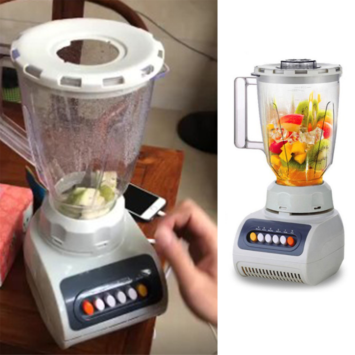 Mixer mit Früchten. Ein weiterer Mixer auf einem Holztisch.