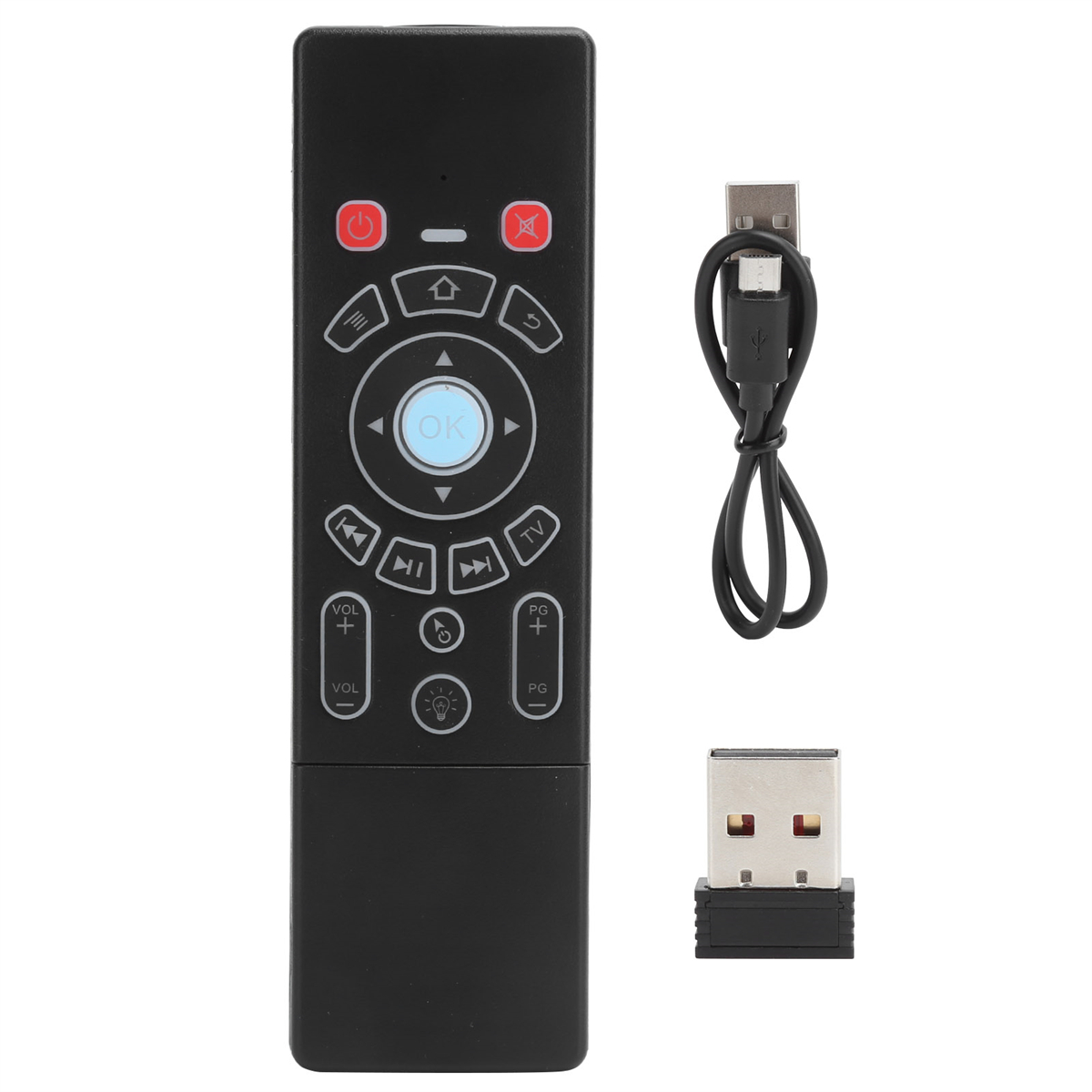 Schwarze Fernbedienung, USB-Kabel und USB-Empfänger auf weißem Hintergrund.