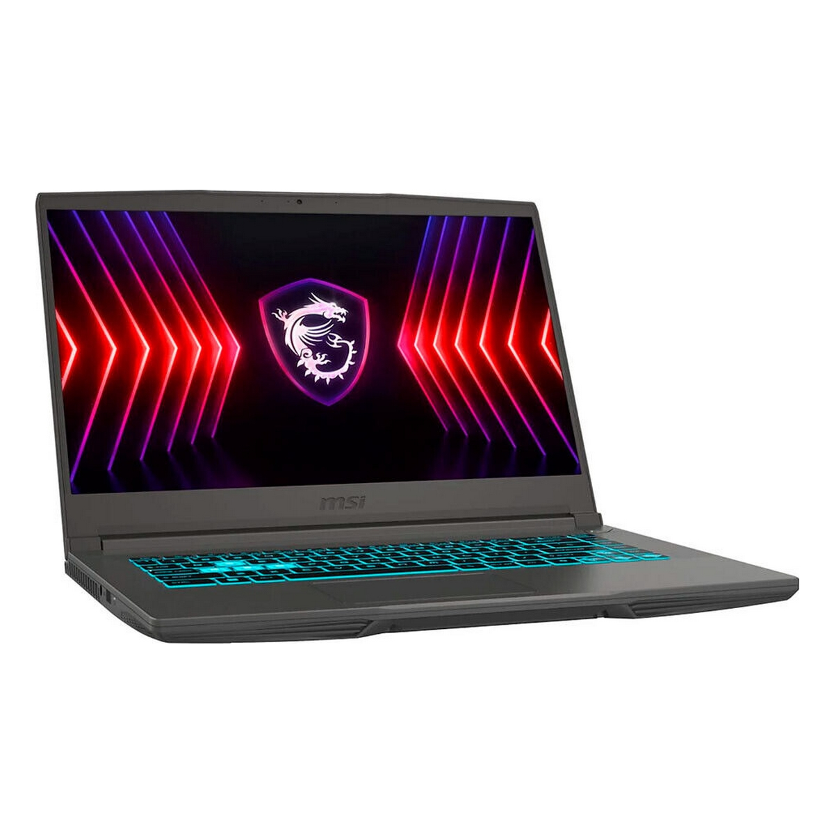Laptop MSI con schermo colorato che mostra un logo a forma di drago. Sfondo bianco.