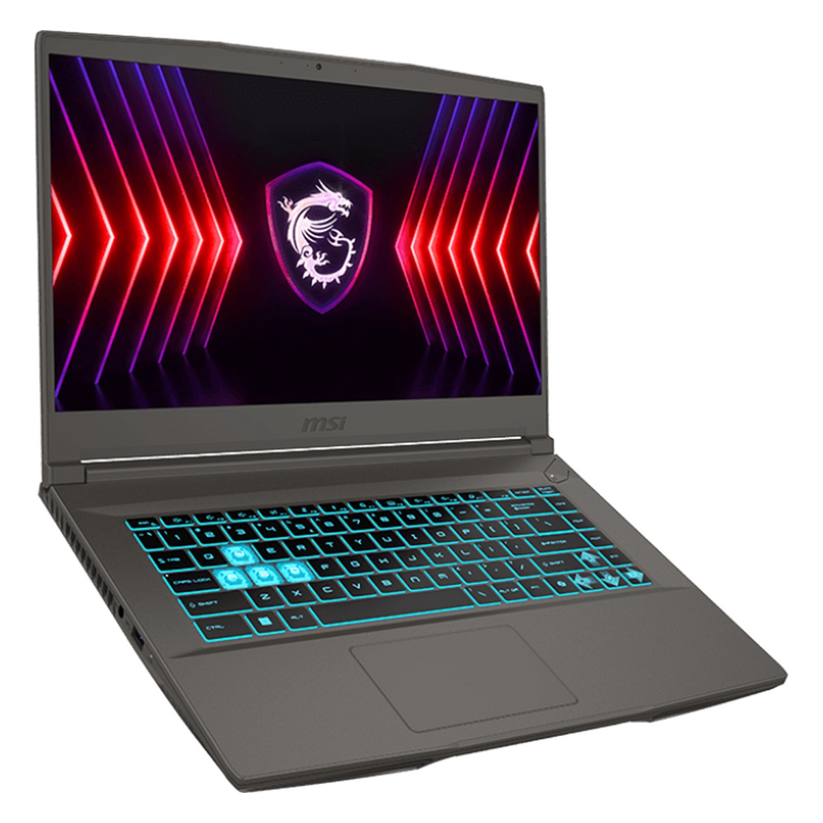 Un laptop grigio con tastiera retroilluminata e uno schermo che mostra un logo su sfondo bianco.