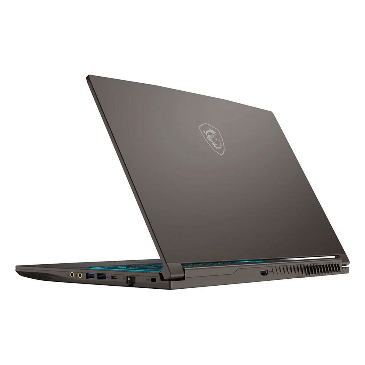 Computer portatile grigio da un'angolazione laterale. Lo schermo è aperto. Un logo è visibile.