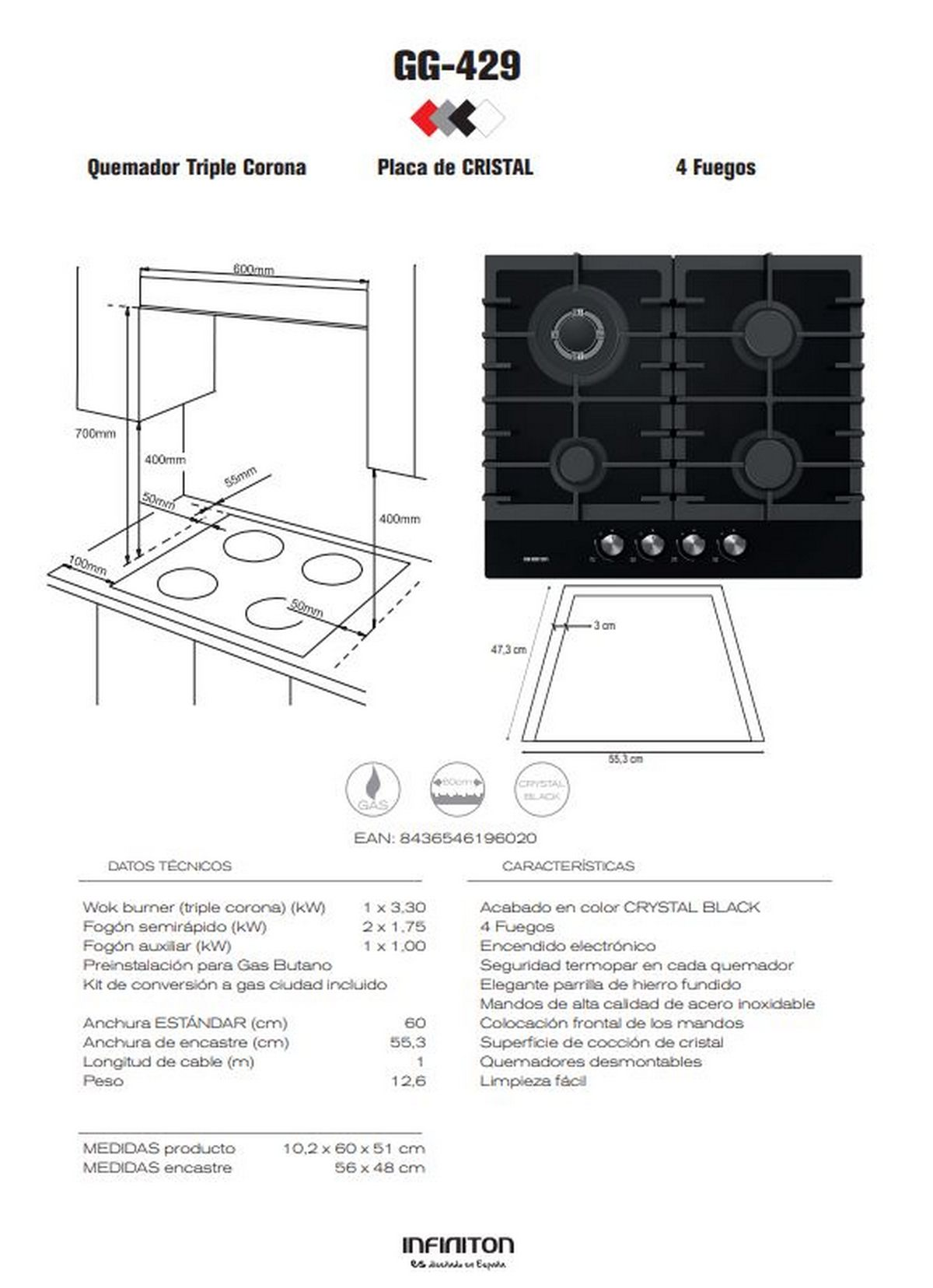 Diagrama de una cocina de gas negra con cuatro fuegos, dimensiones y especificaciones técnicas.