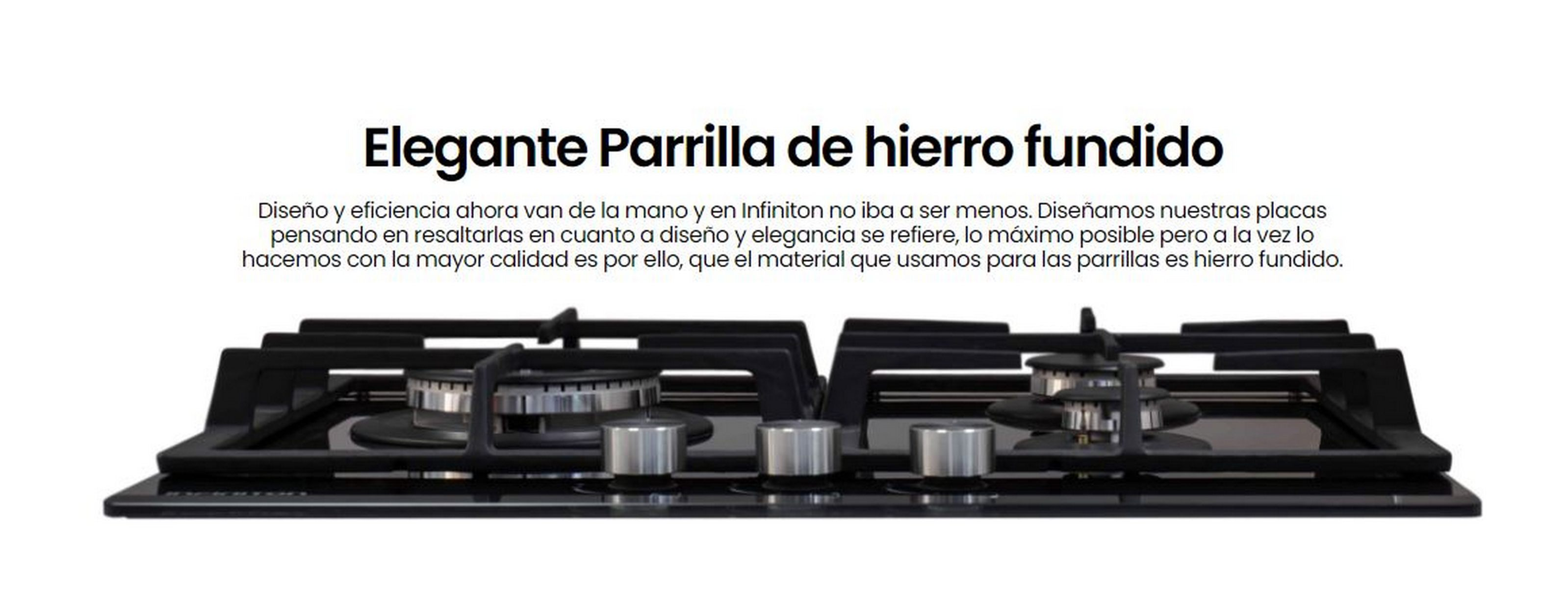 Una estufa negra empotrada con perillas y quemadores de acero inoxidable. Fondo blanco. Diseño elegante.