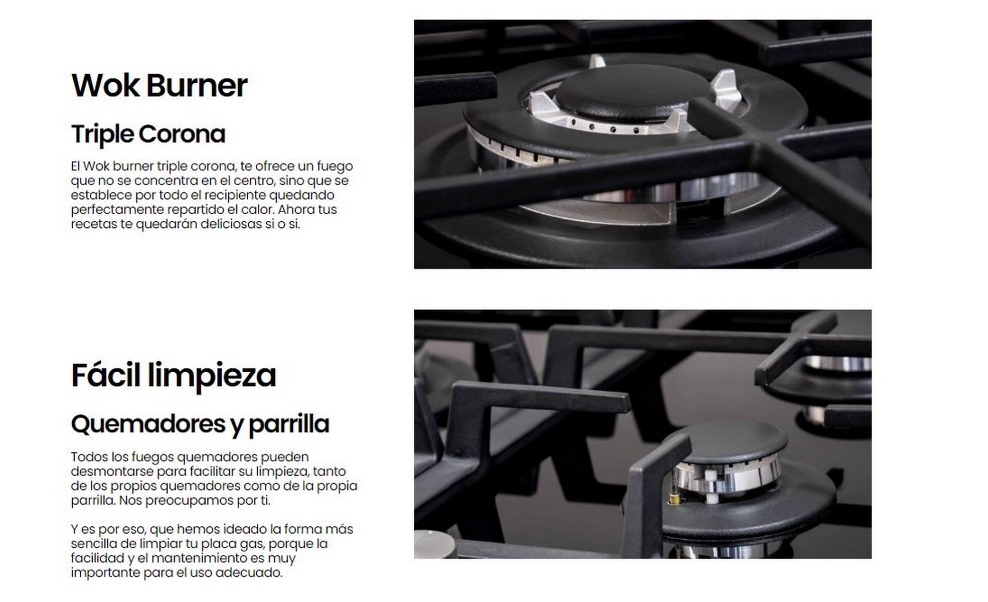 Primer plano de una cocina de gas negra con descripciones de texto del quemador wok y la limpieza fácil.