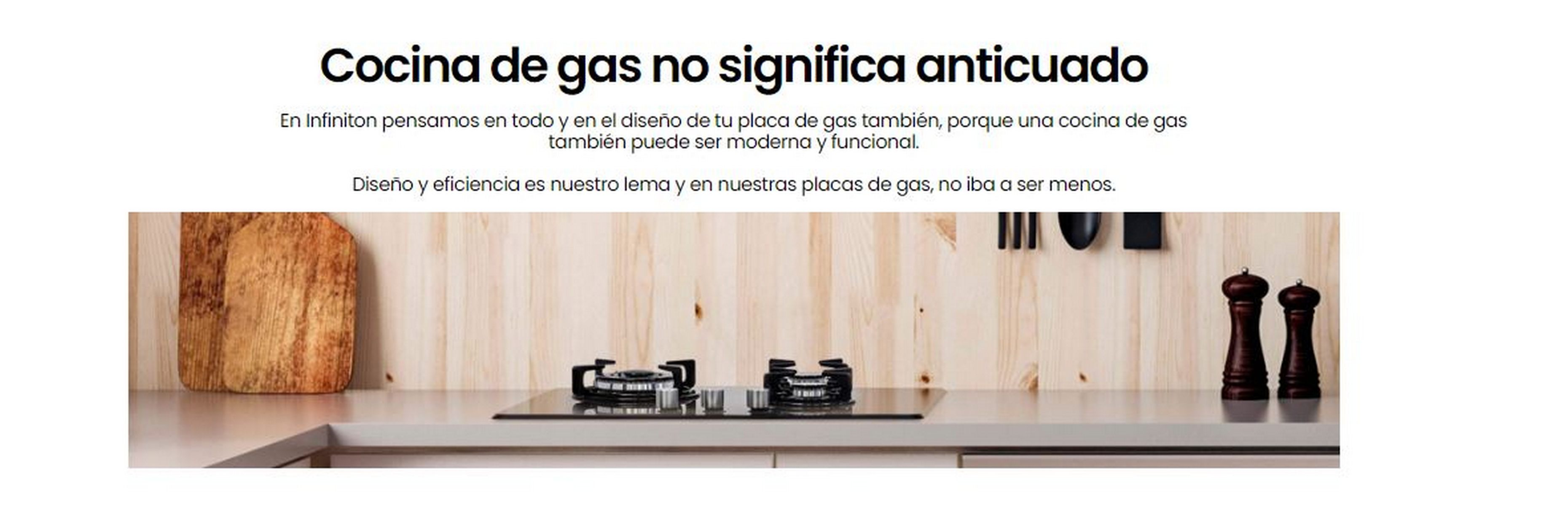 Cocina de gas sobre encimera, texto en español: Cocina de gas no significa anticuado. Fondo de madera.